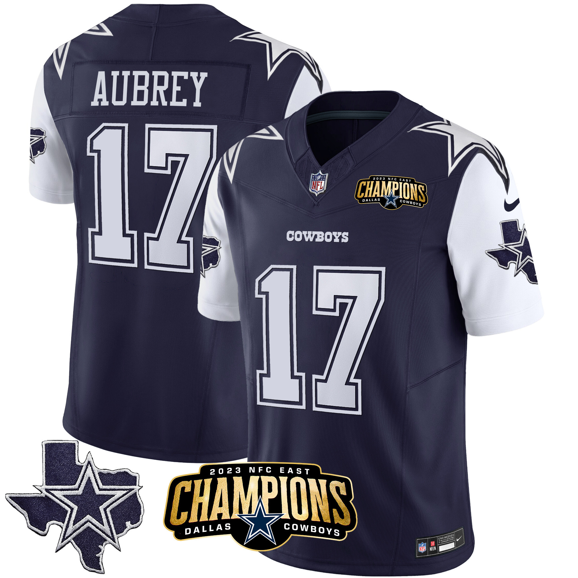 Brandon Aubrey Men's Dallas Cowboys 2023 NFC East Champions Patch Vapor Navy Jersey - All Stitched 
