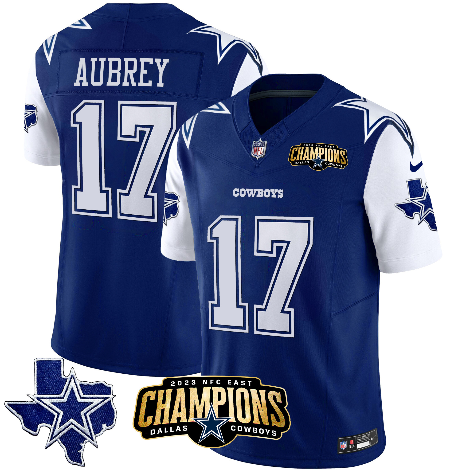 Brandon Aubrey Men's Dallas Cowboys 2023 NFC East Champions Patch Vapor Royal Jersey - All Stitched 