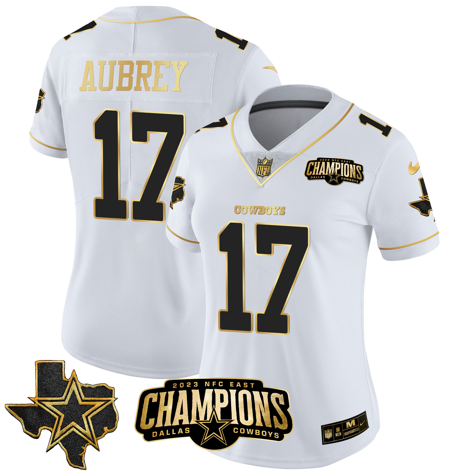 Brandon Aubrey Women's Dallas Cowboys 2023 NFC East Champions Patch Gold Vapor White Gold Jersey - All Stitched 