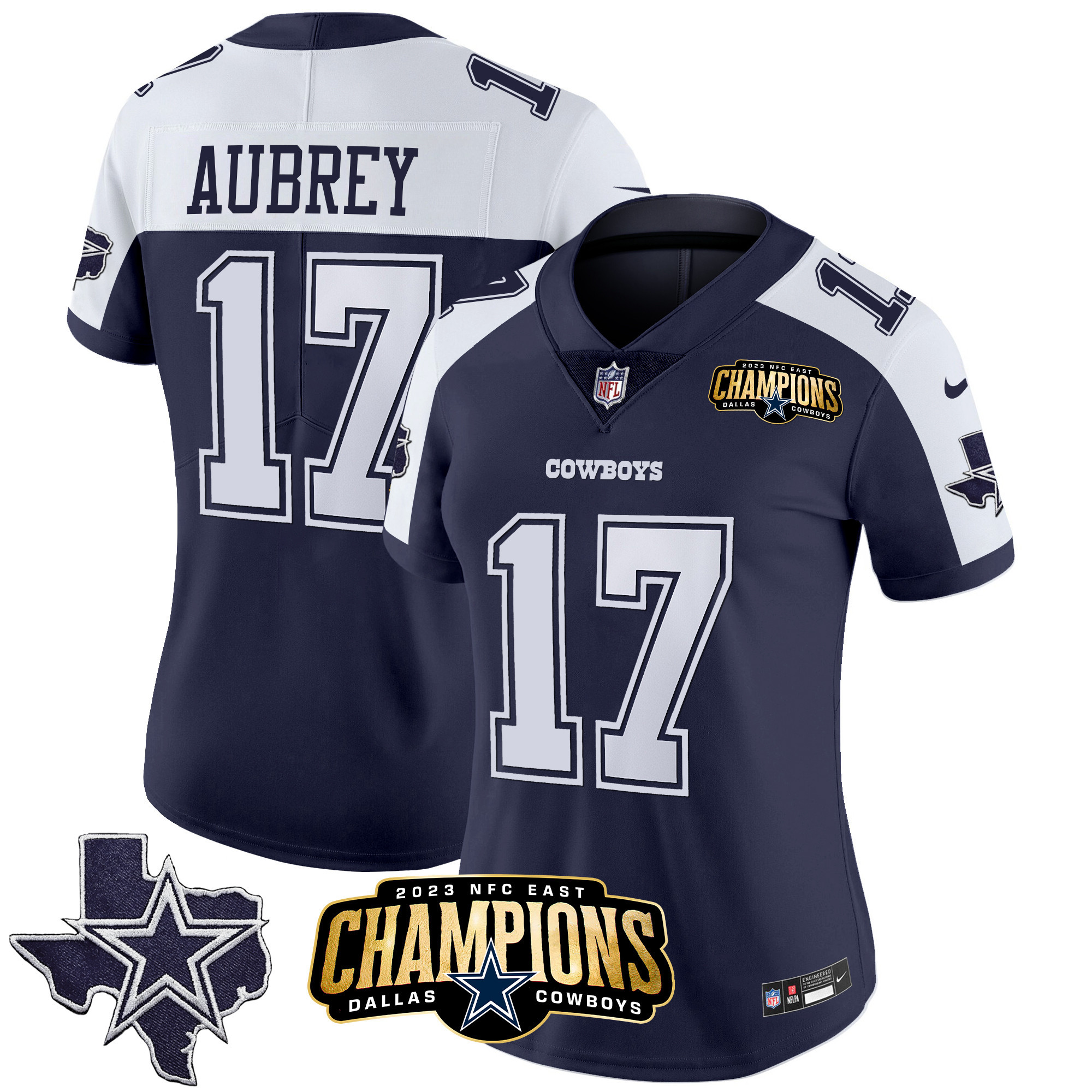 Brandon Aubrey Women's Dallas Cowboys 2023 NFC East Champions Patch Vapor Alternate Navy Jersey - All Stitched 