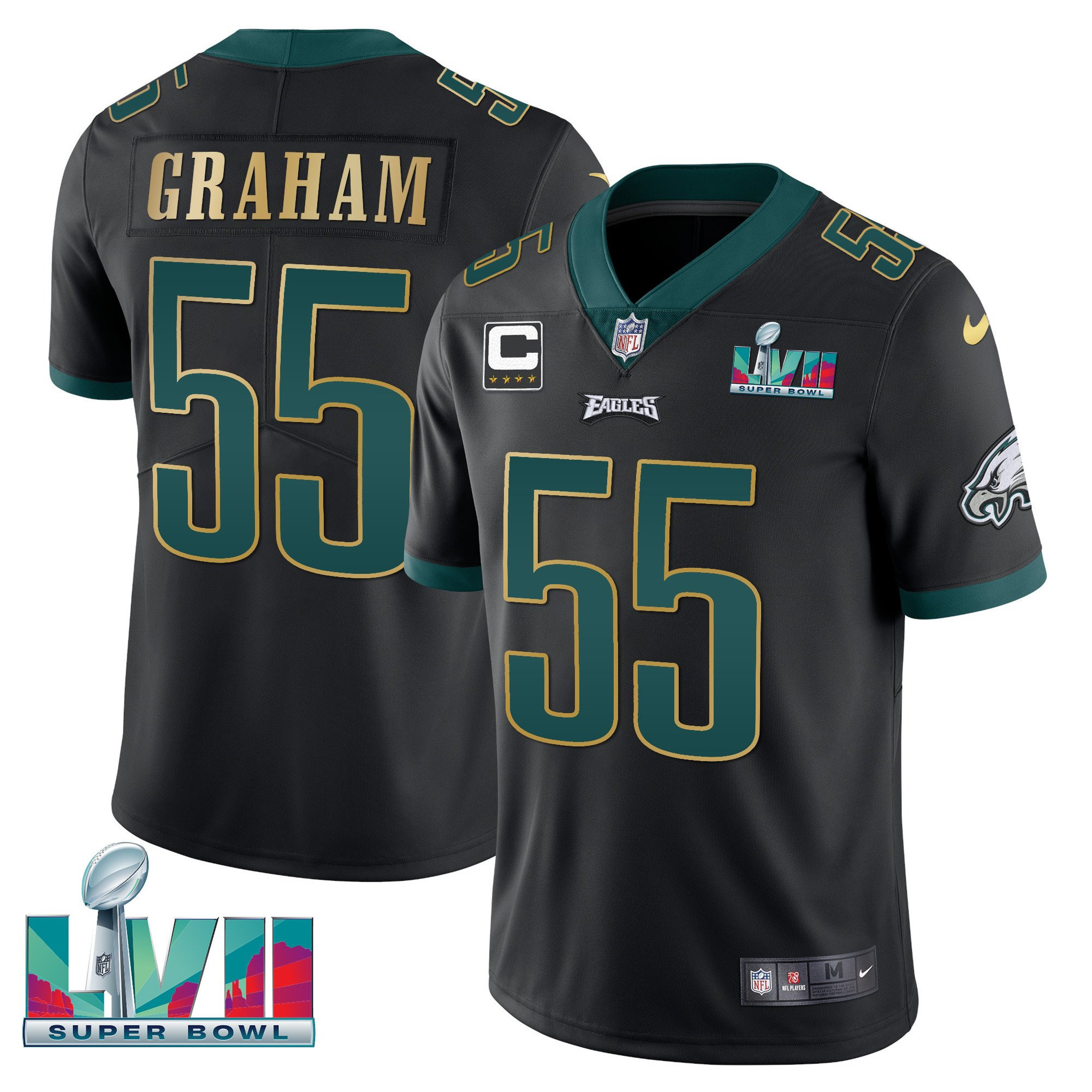 Brandon Graham Youth's Philadelphia Eagles Super Bowl Patch Vapor Black Gold Trim Jersey - All Stitched
