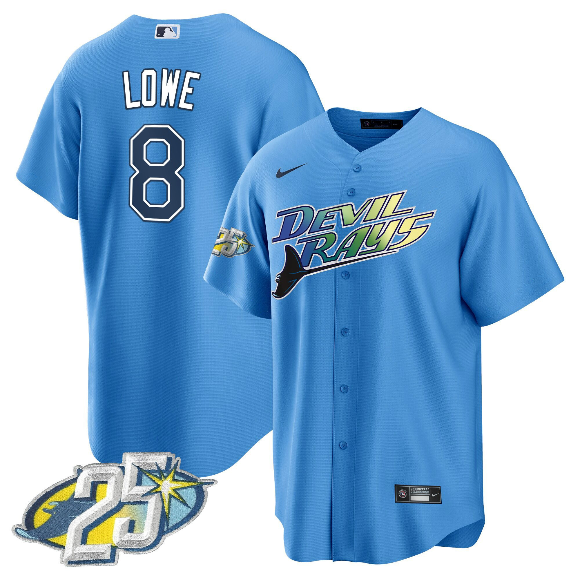 Brandon Lowe Men's Tampa Bay Rays 25th Anniversary Patch Cool Base Light Blue Jersey - All Stitched