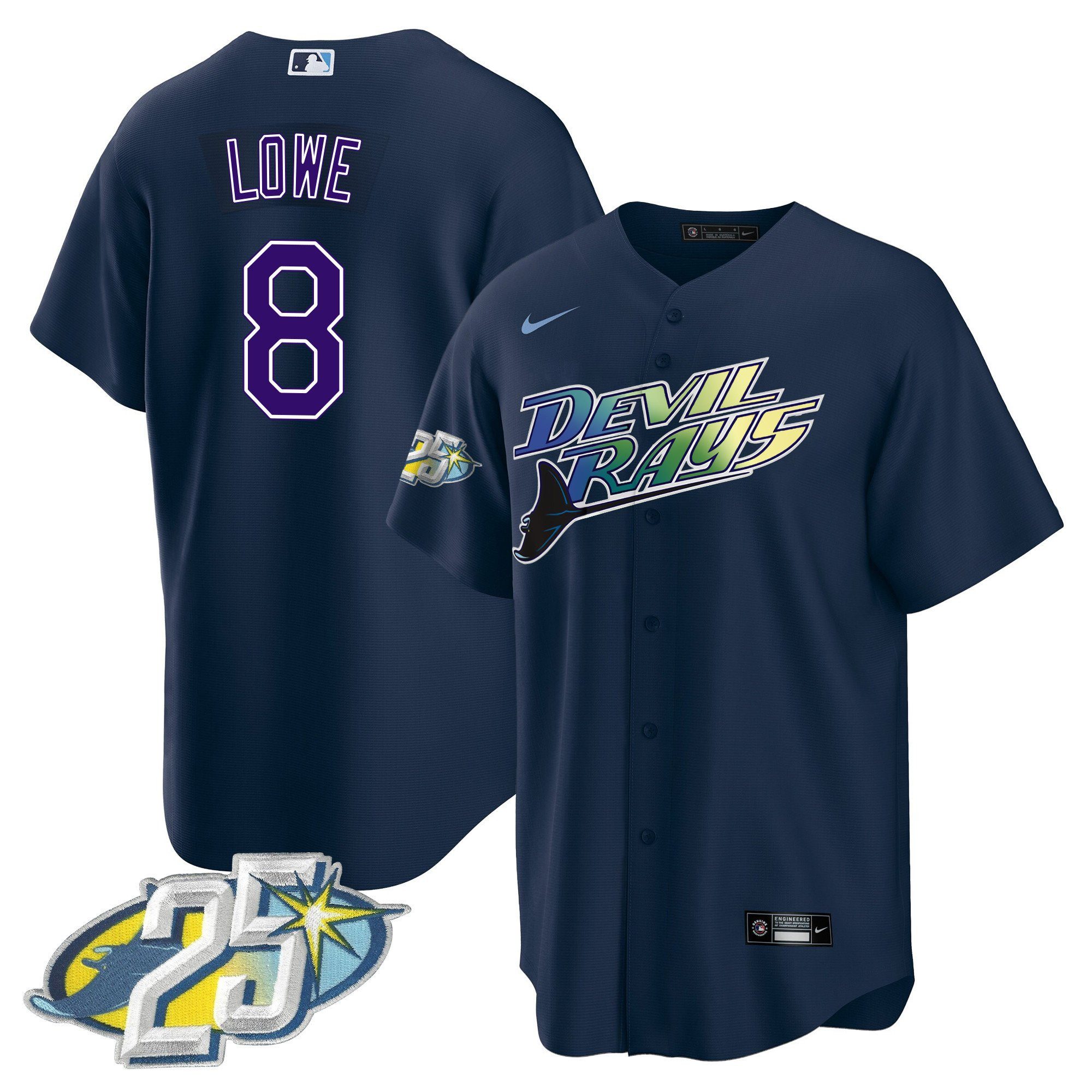 Brandon Lowe Men's Tampa Bay Rays 25th Anniversary Patch Cool Base Navy Jersey - All Stitched