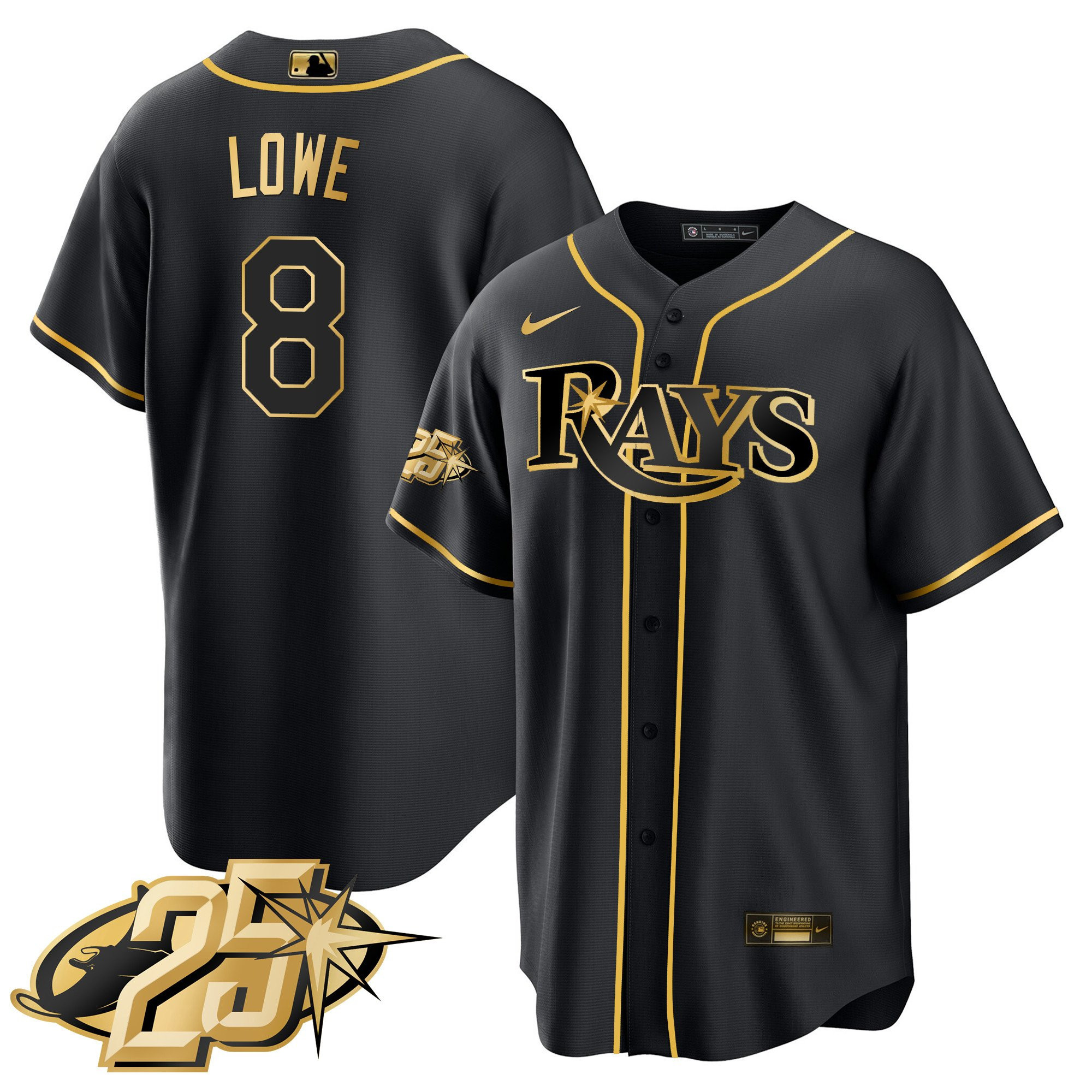 Brandon Lowe Men's Tampa Bay Rays 25th Anniversary Patch Cool Base V2 Black Gold Jersey - All Stitched
