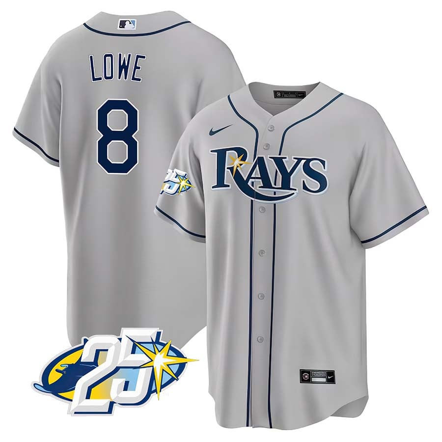 Brandon Lowe Men's Tampa Bay Rays 25th Anniversary Patch Cool Base V2 Gray Jersey - All Stitched