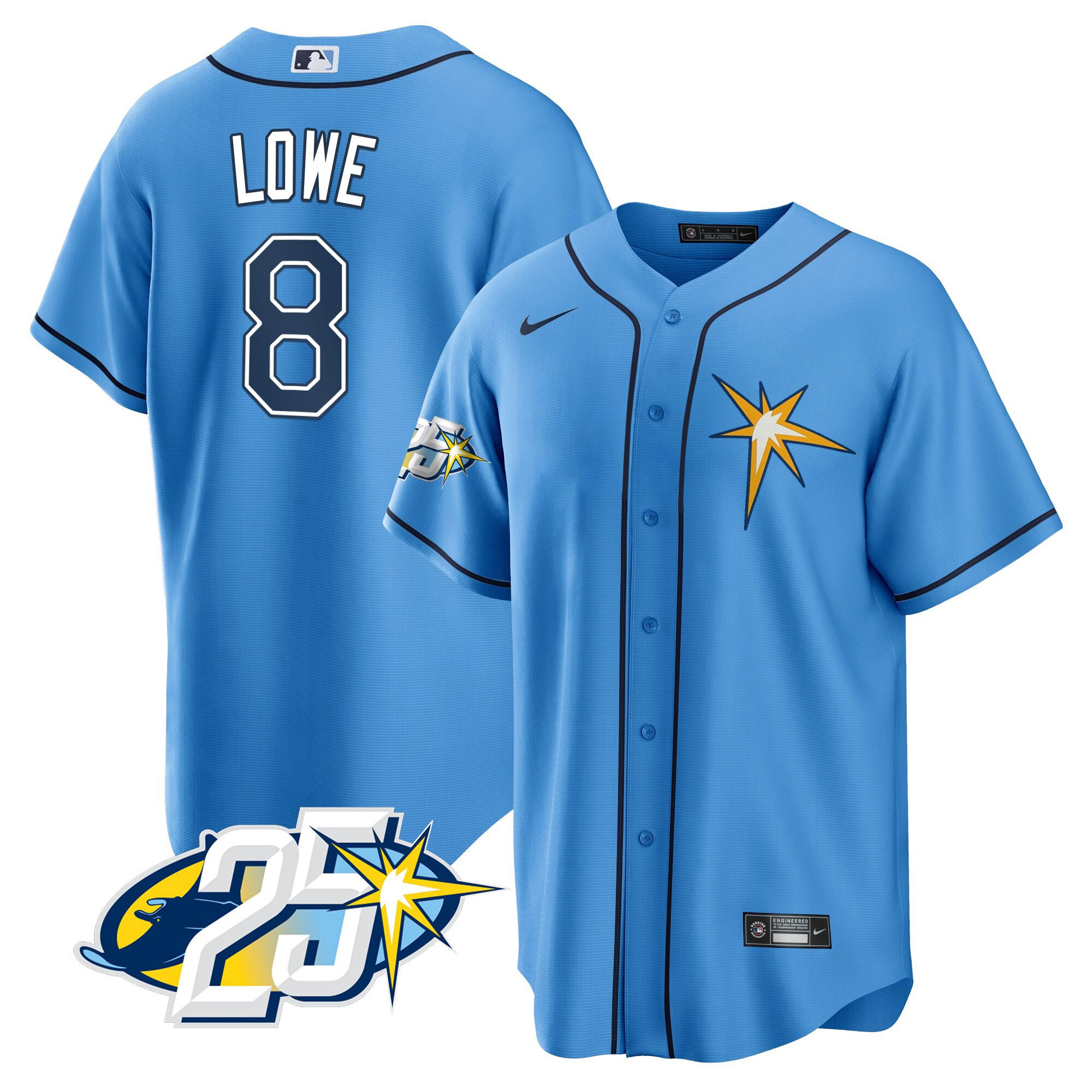 Brandon Lowe Men's Tampa Bay Rays 25th Anniversary Patch Cool Base V2 Light Blue Jersey - All Stitched