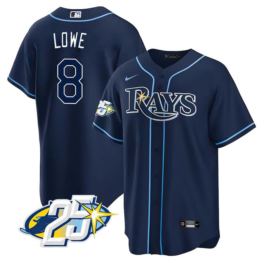 Brandon Lowe Men's Tampa Bay Rays 25th Anniversary Patch Cool Base V2 Navy Jersey - All Stitched