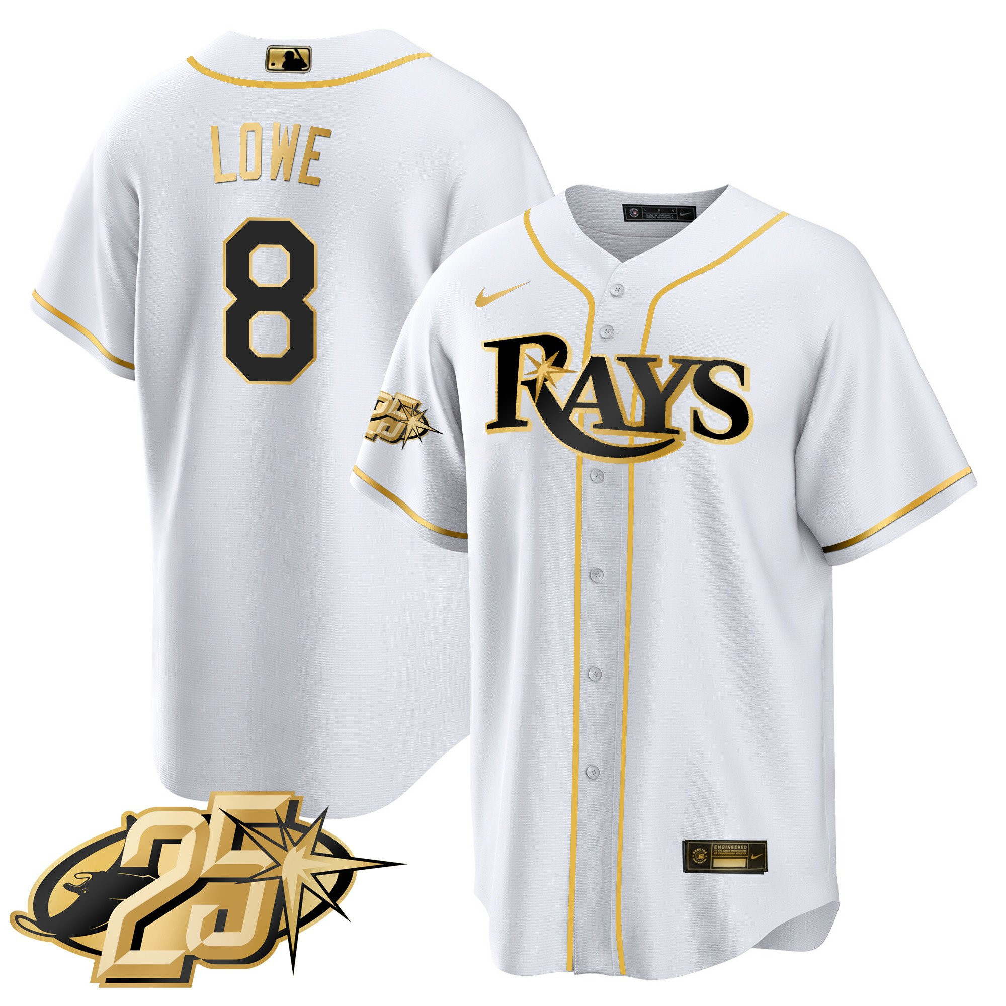 Brandon Lowe Men's Tampa Bay Rays 25th Anniversary Patch Cool Base V2 White Gold Jersey - All Stitched