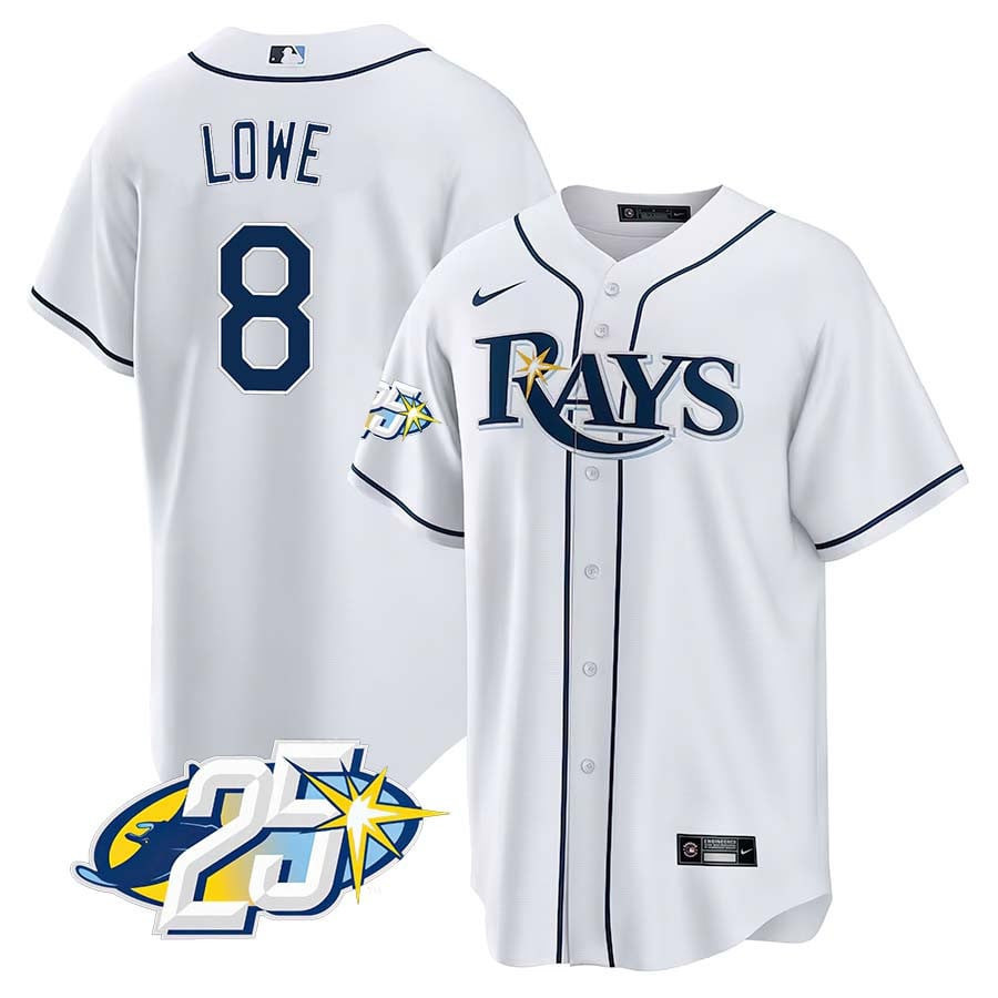 Brandon Lowe Men's Tampa Bay Rays 25th Anniversary Patch Cool Base V2 White Jersey - All Stitched