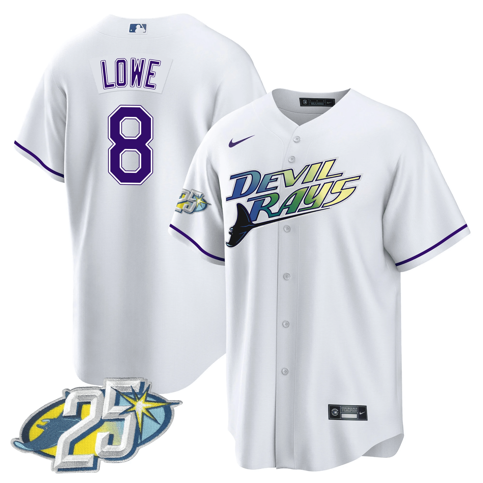 Brandon Lowe Men's Tampa Bay Rays 25th Anniversary Patch Cool Base White Jersey - All Stitched