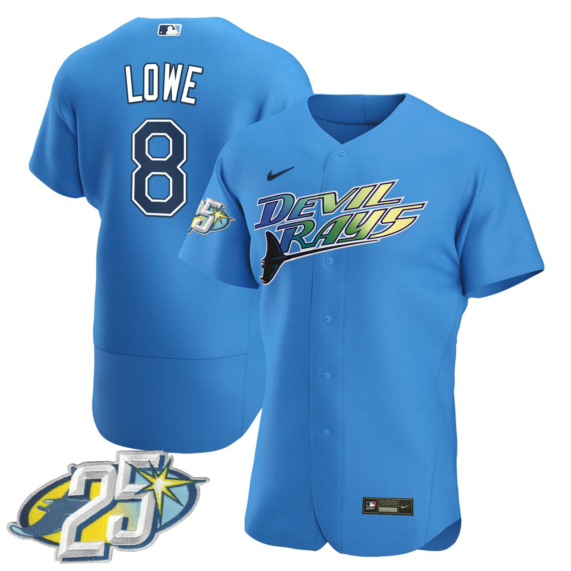 Brandon Lowe Men's Tampa Bay Rays 25th Anniversary Patch Flex Base Blue-Devil Jersey - All Stitched