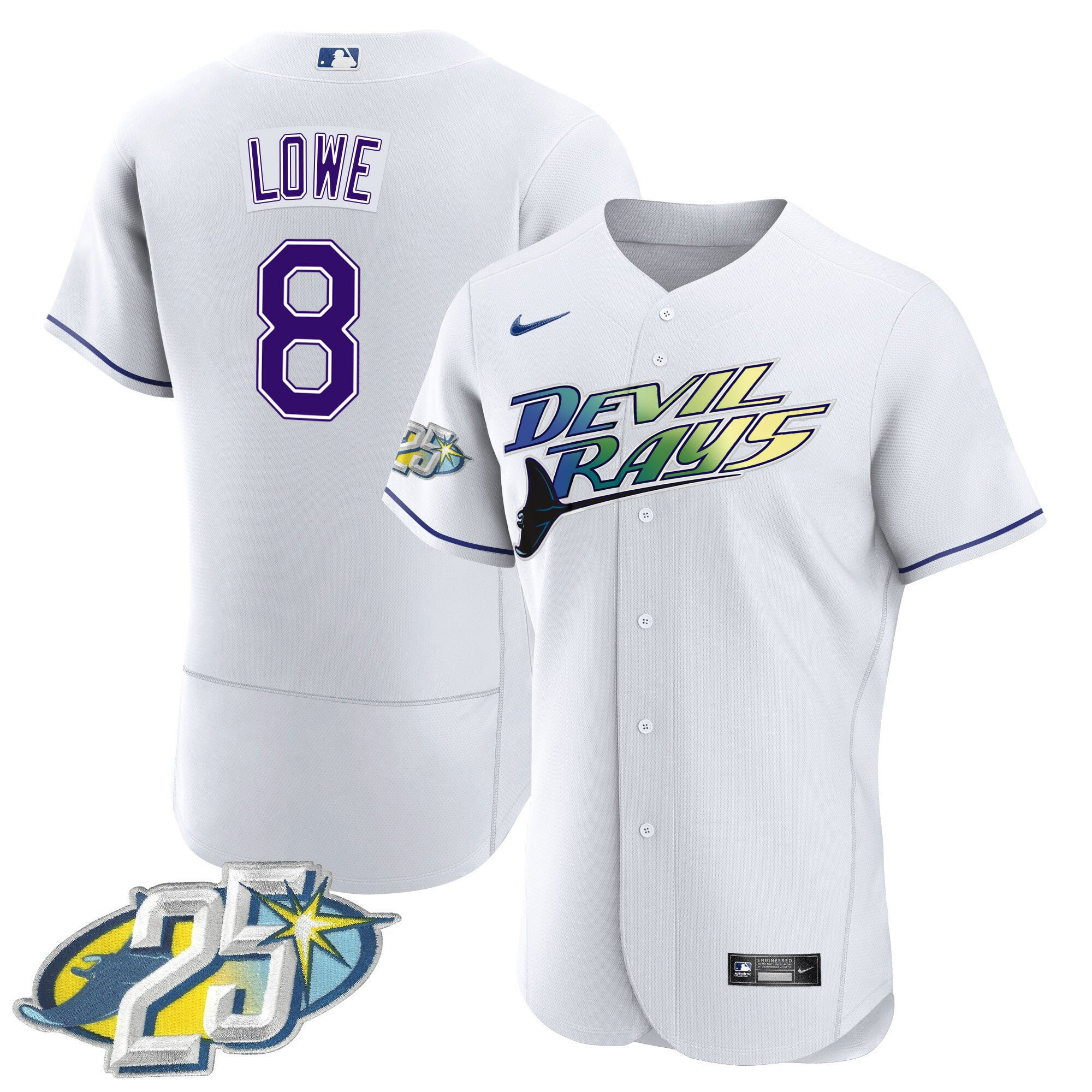 Brandon Lowe Men's Tampa Bay Rays 25th Anniversary Patch Flex Base White Jersey - All Stitched