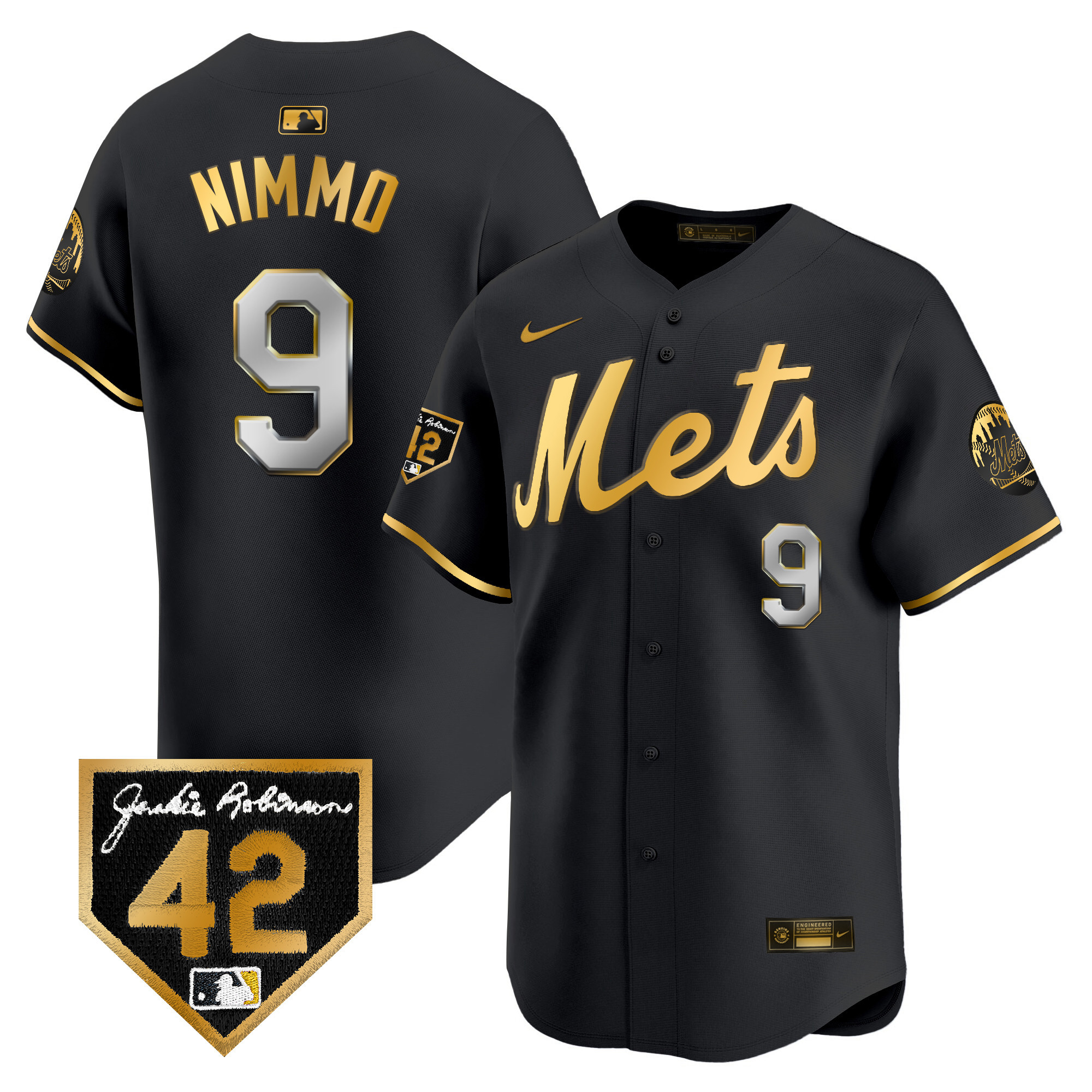 Brandon Nimmo Men's New York Mets 2024 Jackie Robinson Patch Vapor Premier Limited Black Gold Jersey - All Stitched