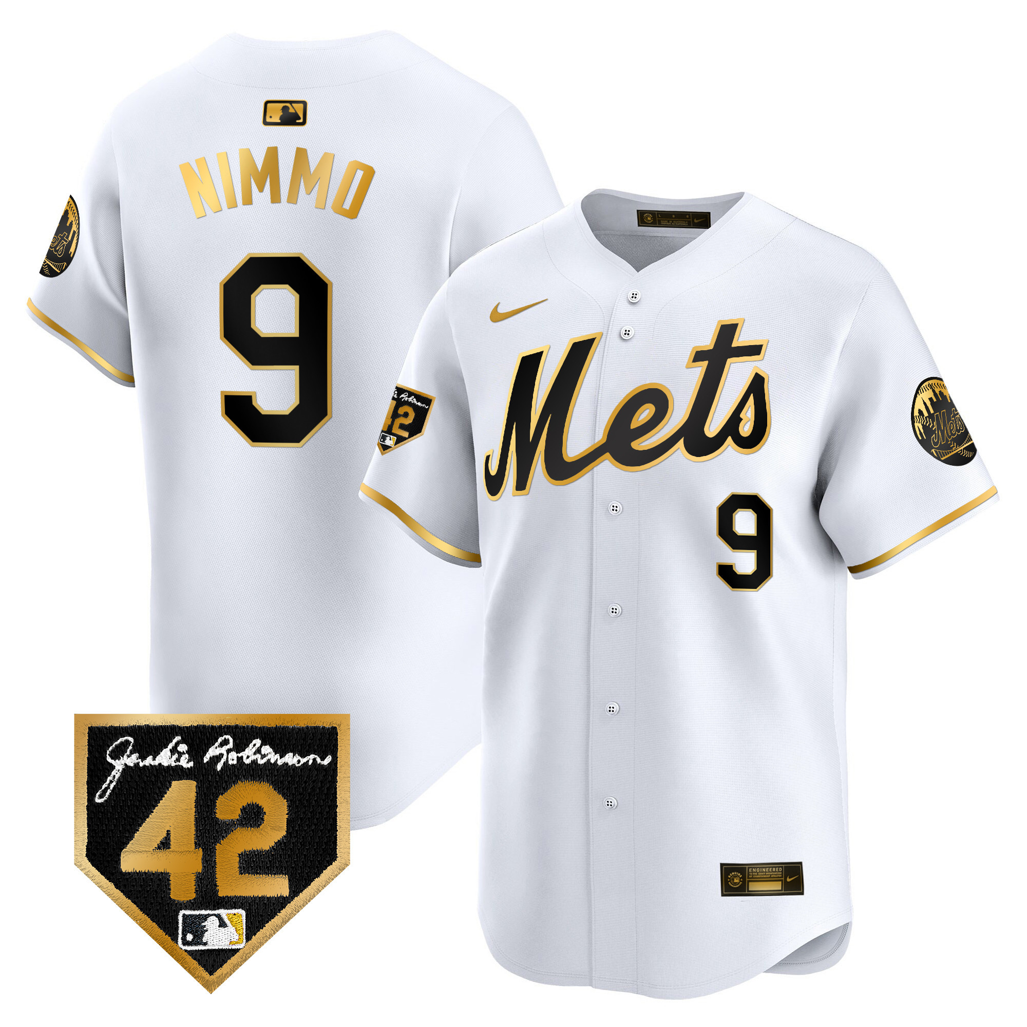 Brandon Nimmo Men's New York Mets 2024 Jackie Robinson Patch Vapor Premier Limited White Gold Jersey - All Stitched