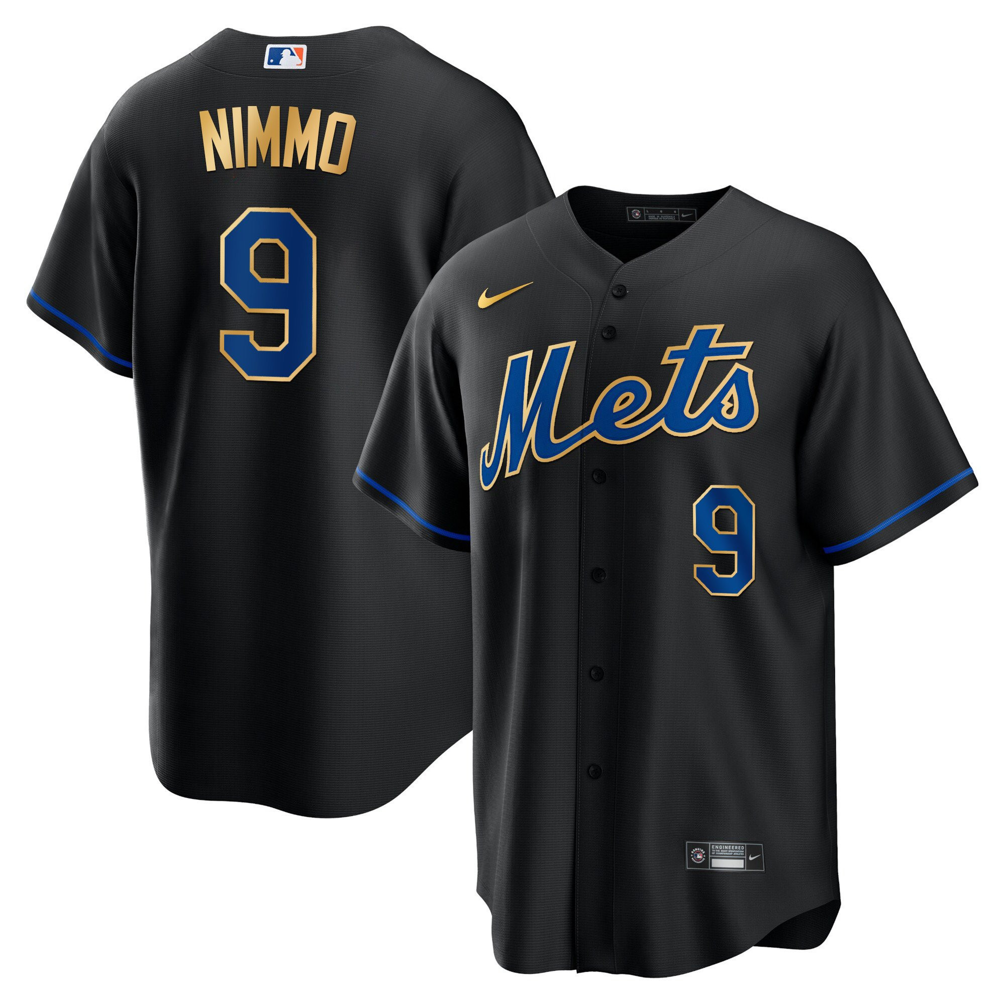 Brandon Nimmo Men's New York Mets Gold Trim Cool Black Jersey - All Stitched