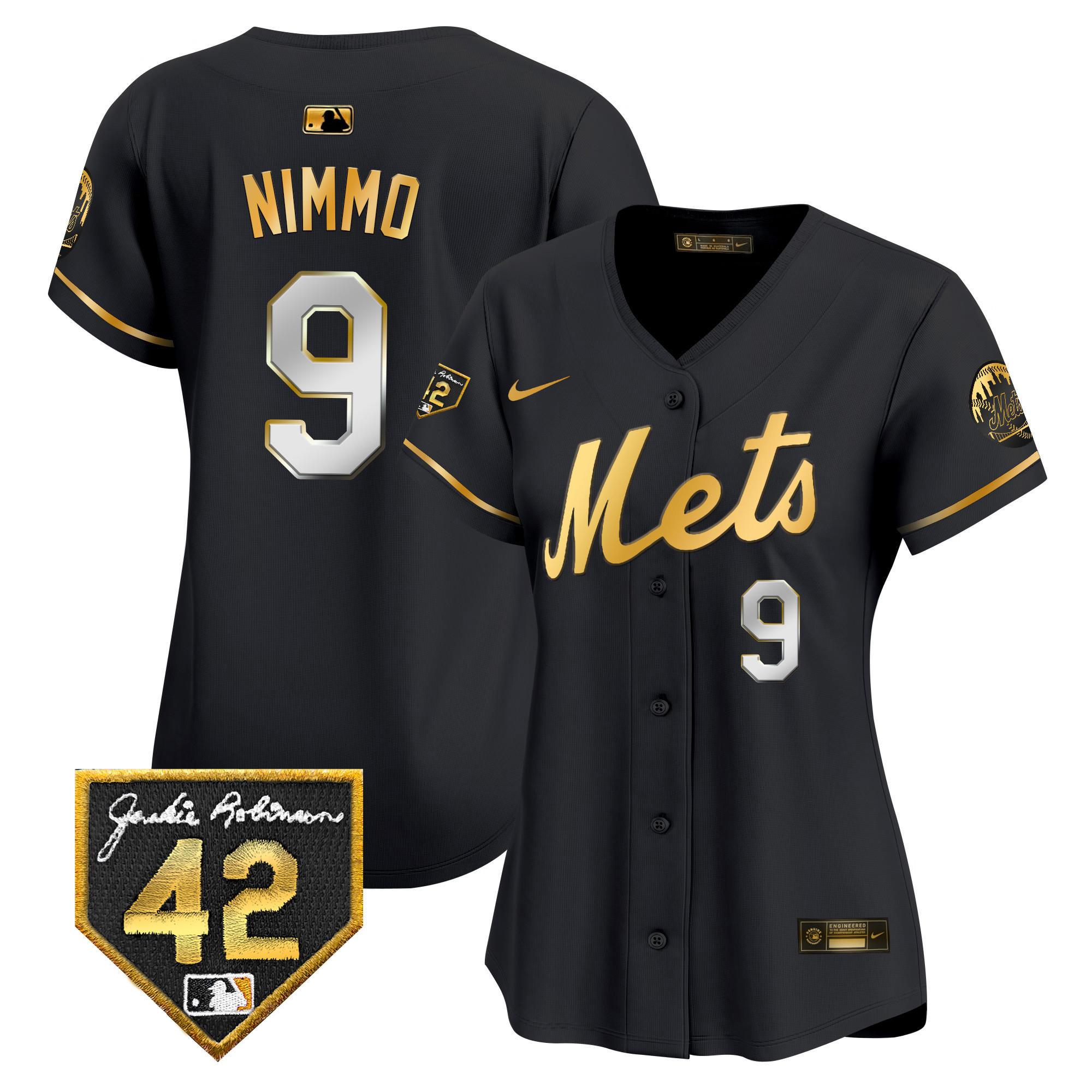 Brandon Nimmo Women's New York Mets 2024 Jackie Robinson Patch Vapor Premier Limited Black Gold Jersey - All Stitched