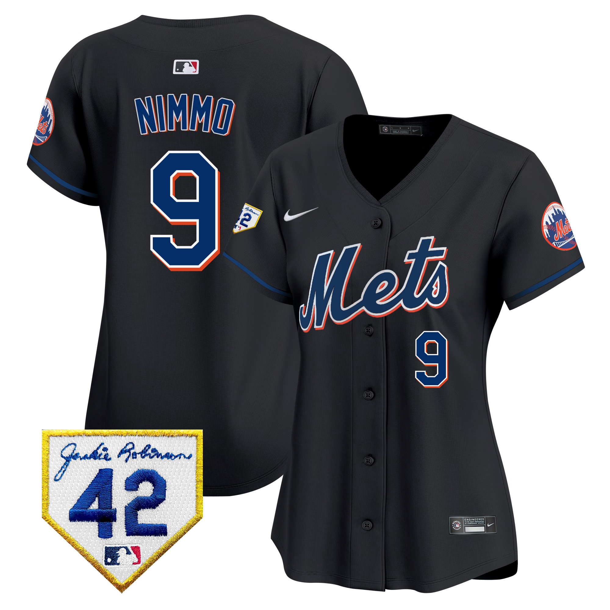 Brandon Nimmo Women's New York Mets 2024 Jackie Robinson Patch Vapor Premier Limited Black Jersey - All Stitched