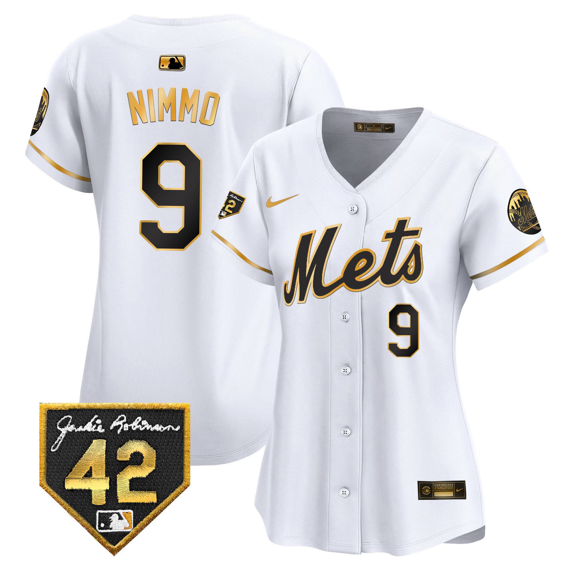 Brandon Nimmo Women's New York Mets 2024 Jackie Robinson Patch Vapor Premier Limited White Gold Jersey - All Stitched