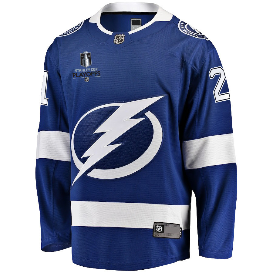 Brayden Point 21 Tampa Bay Lightning Stanley Cup 2023 Playoffs Patch Home Breakaway Men Stitched Jersey – Blue