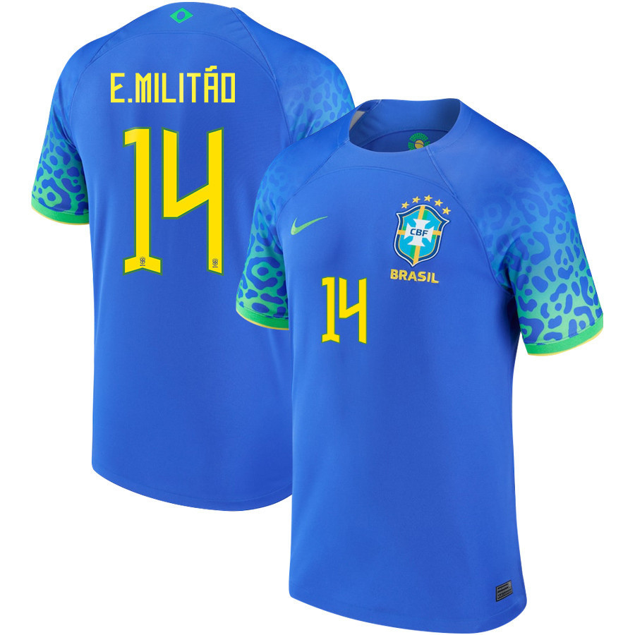 Brazil National Team 2022-23 Eder Militao 14 Away Men Soccer Jersey – Blue