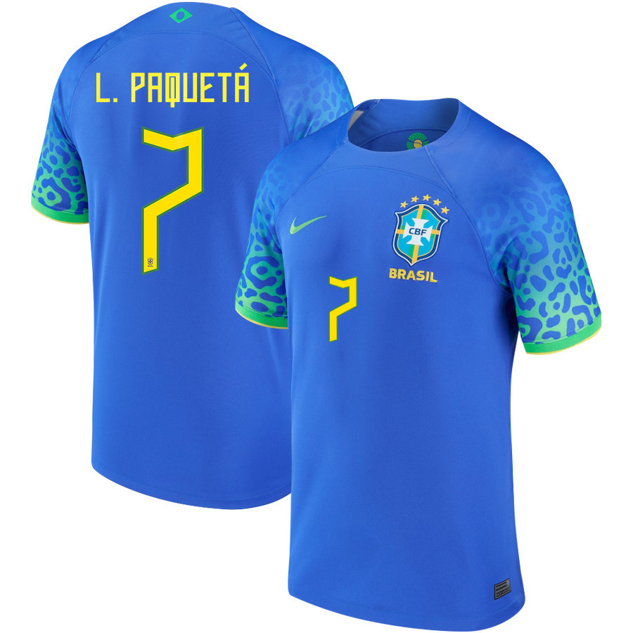 Brazil National Team 2022-23 Lucas Paquetá 7 Away Men Soccer Jersey – Blue