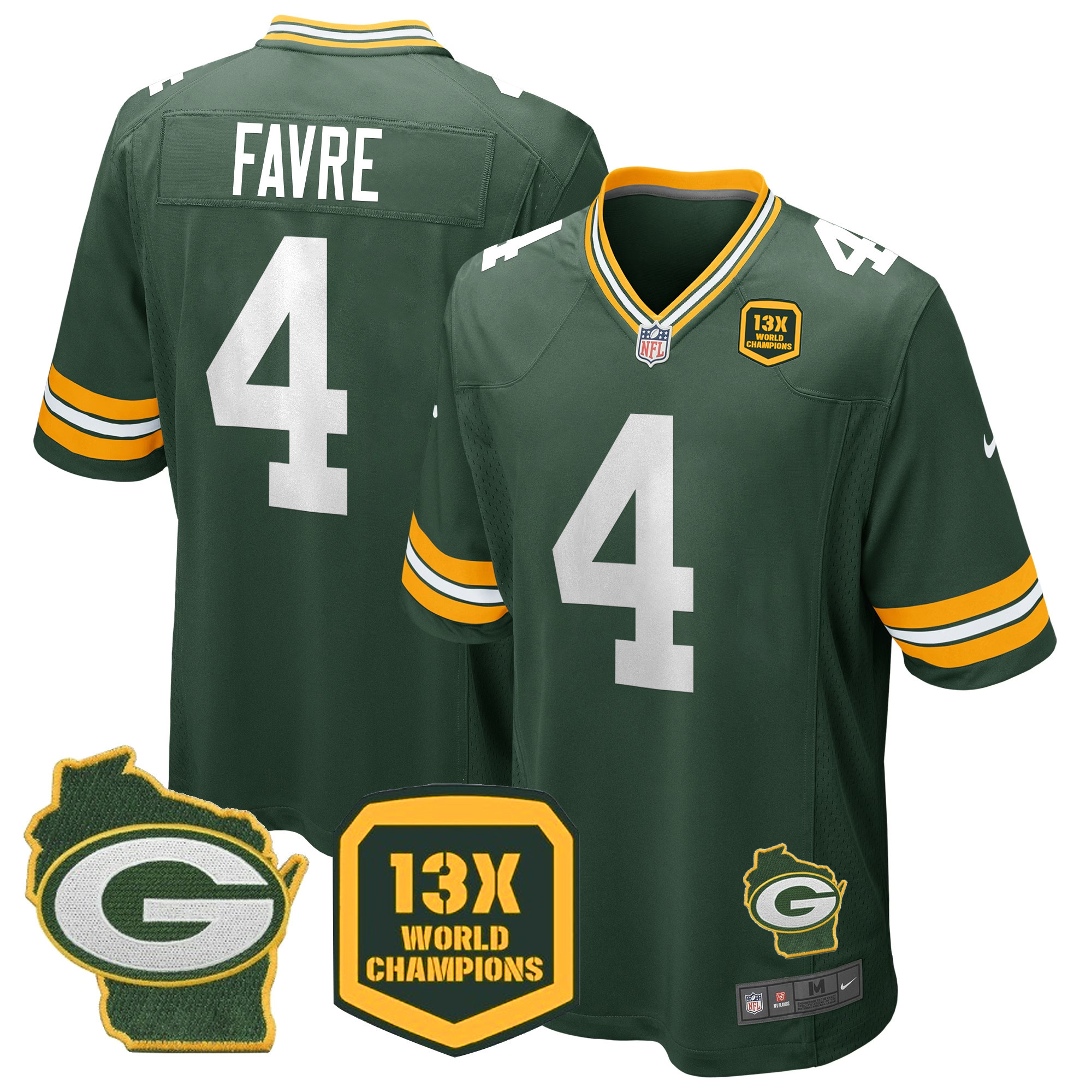 Brett Favre Men's Green Bay Packers 13 Time World Champions & Home Patch Game Green Jersey - All Stitched 