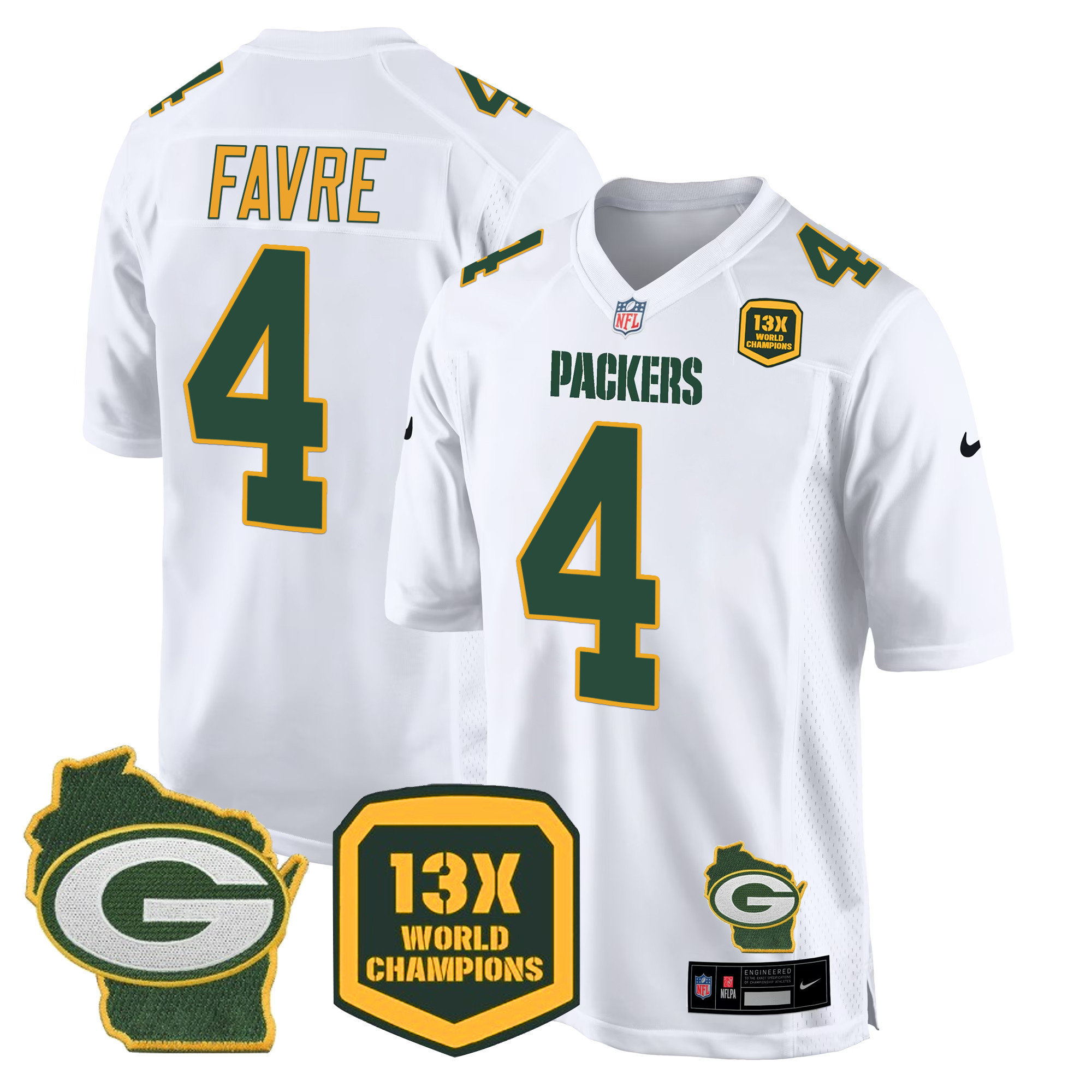 Brett Favre Men's Green Bay Packers 13 Time World Champions & Home Patch Game White Jersey - All Stitched 