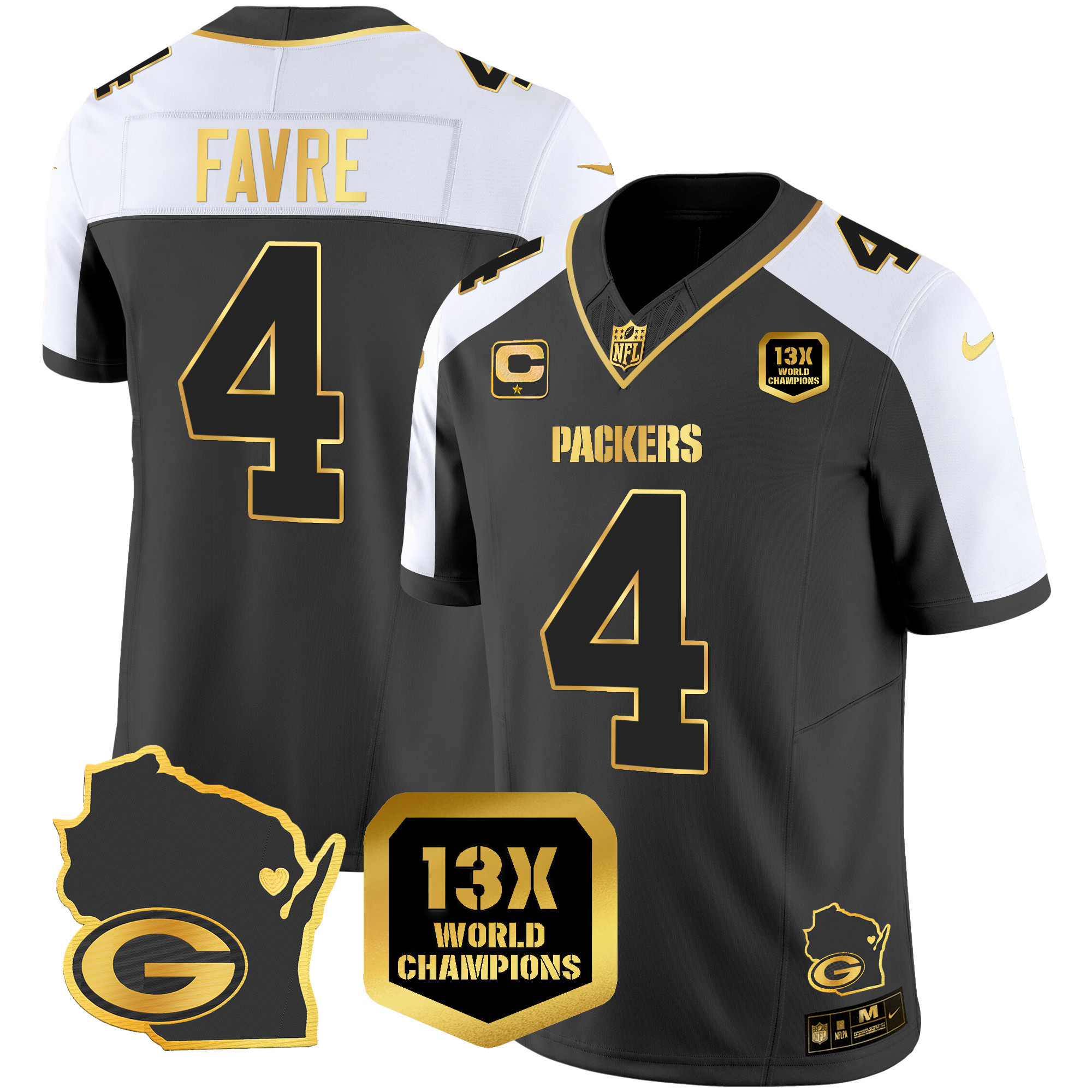 Brett Favre Men's Green Bay Packers 13 Time World Champions & Home Patch Gold Vapor Alternate Jersey - All Stitched 