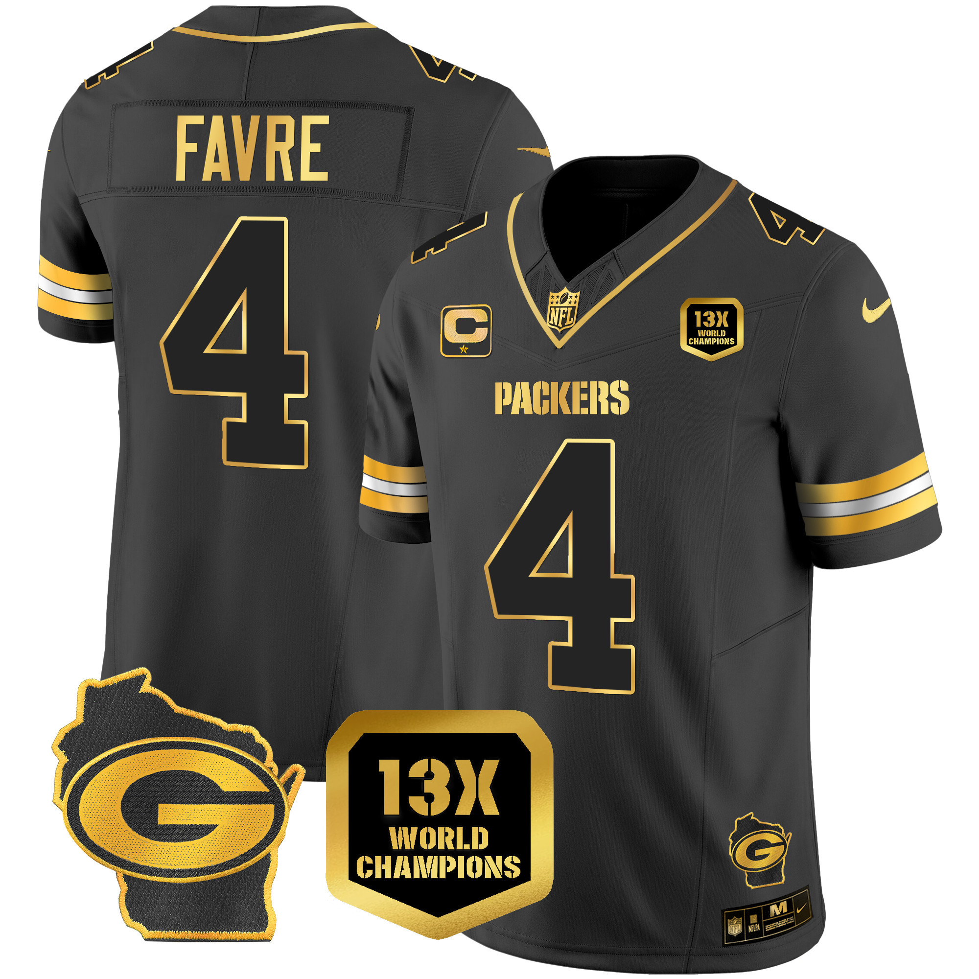 Brett Favre Men's Green Bay Packers 13 Time World Champions & Home Patch Gold Vapor Black Gold Jersey - All Stitched 