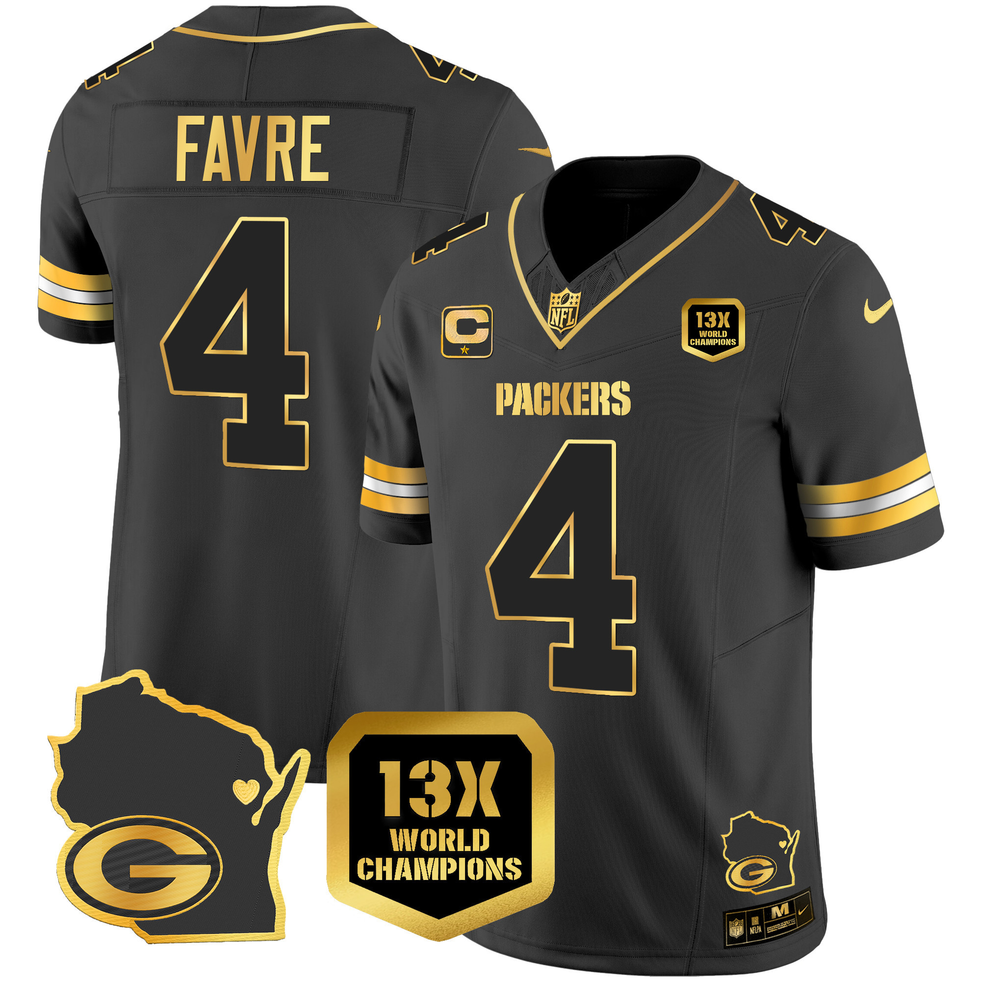 Brett Favre Men's Green Bay Packers 13 Time World Champions & Home Patch Gold Vapor Black Gold Jersey - All Stitched 