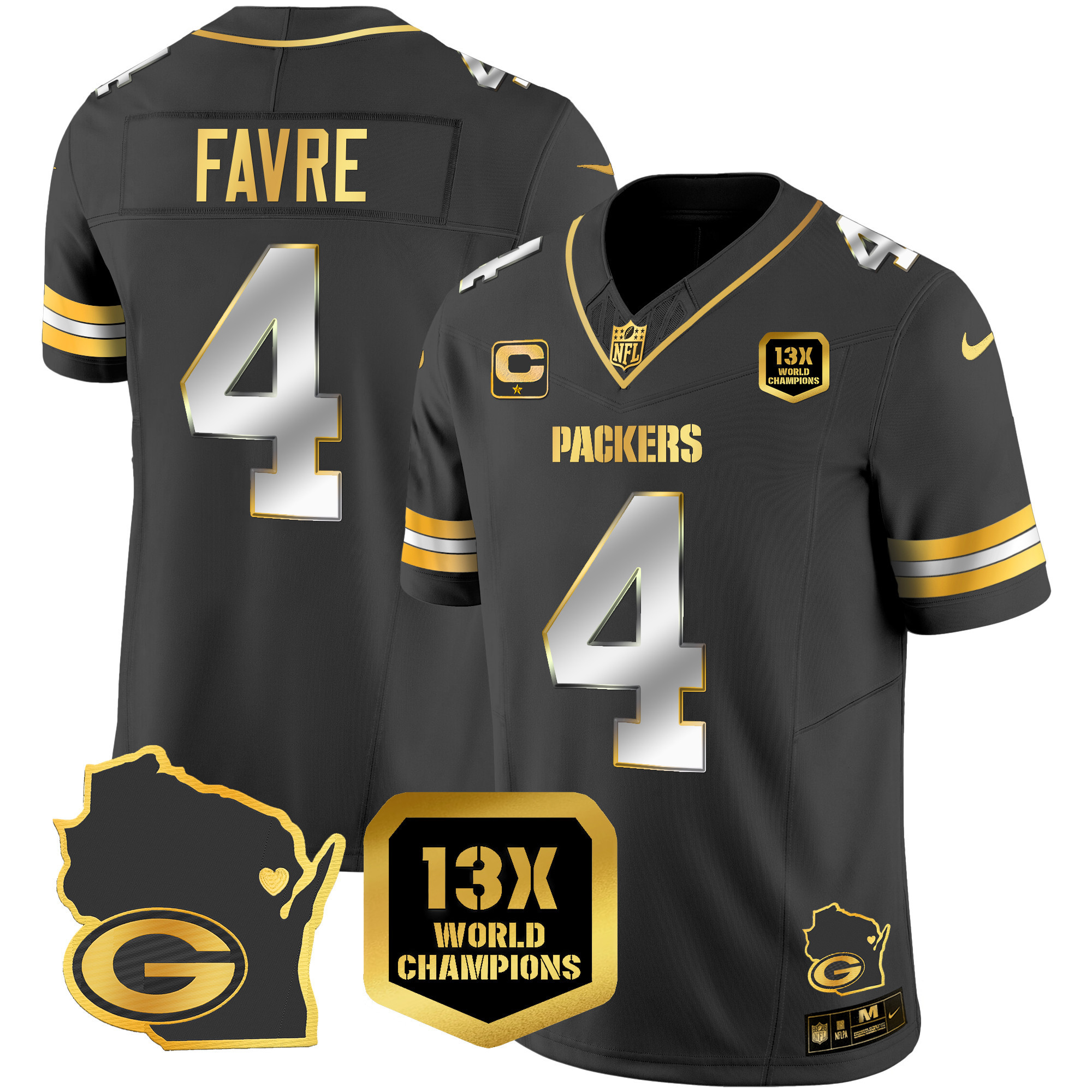 Brett Favre Men's Green Bay Packers 13 Time World Champions & Home Patch Gold Vapor Black Limited Jersey - All Stitched 