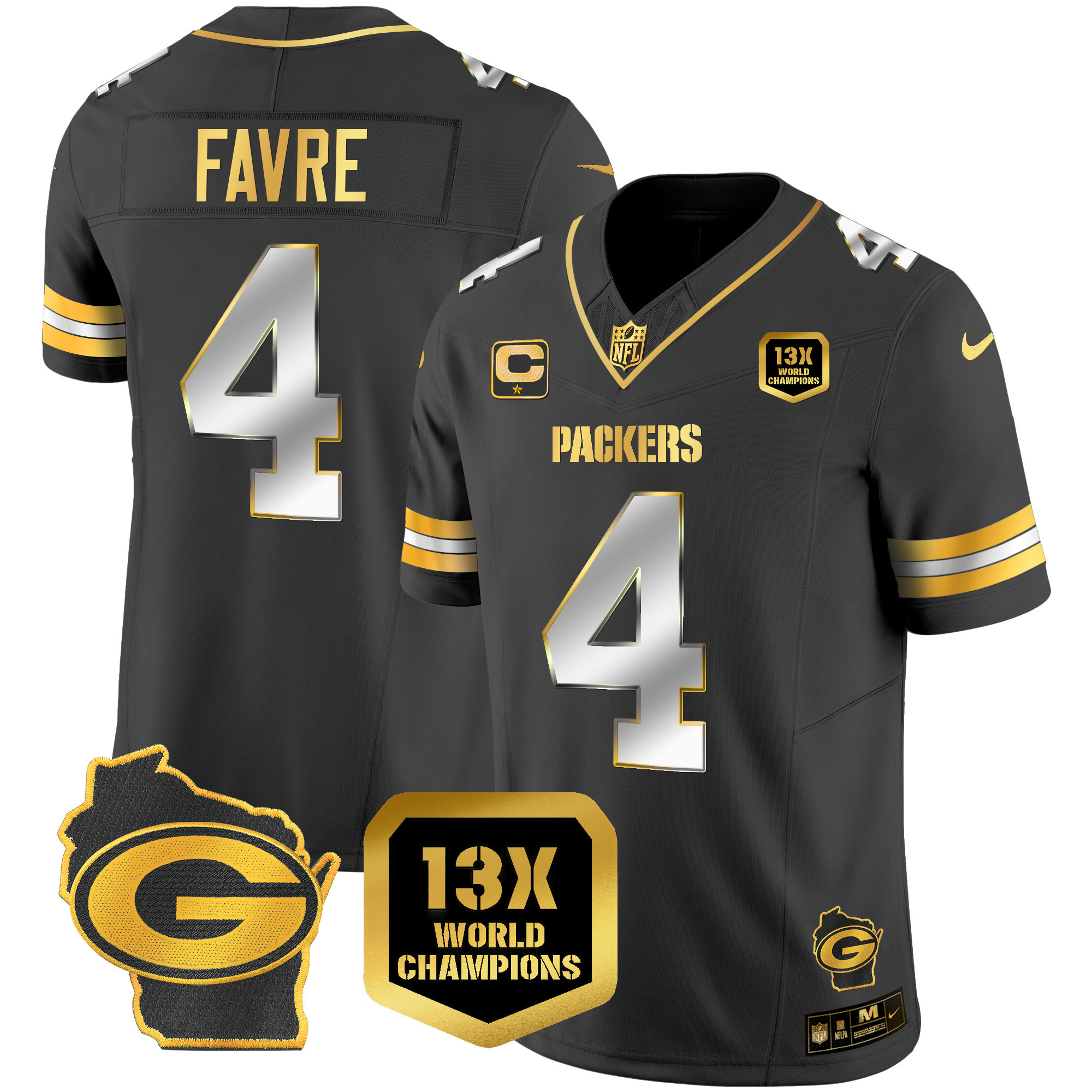 Brett Favre Men's Green Bay Packers 13 Time World Champions & Home Patch Gold Vapor Black Limited Jersey - All Stitched 