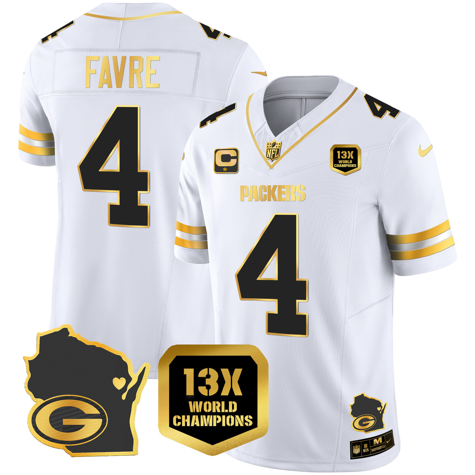 Brett Favre Men's Green Bay Packers 13 Time World Champions & Home Patch Gold Vapor White Gold Jersey - All Stitched 