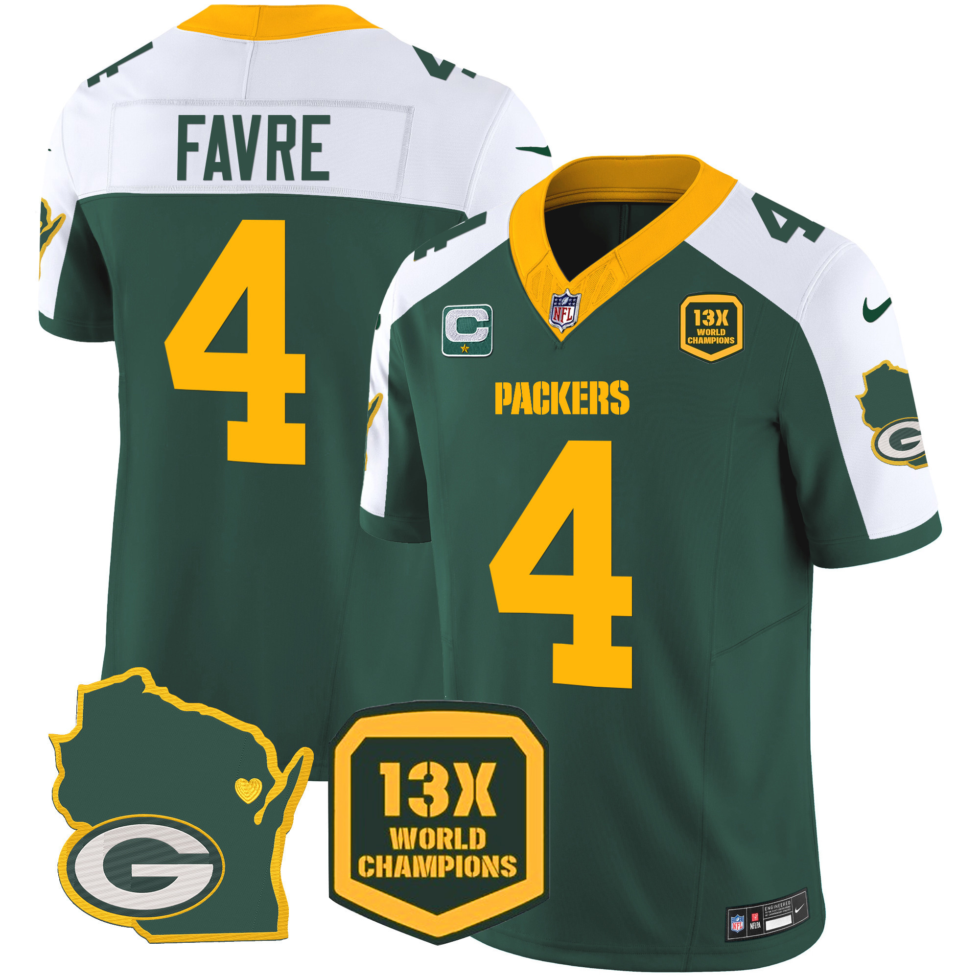 Brett Favre Men's Green Bay Packers 13 Time World Champions & Home Patch Vapor Alternate Jersey - All Stitched 