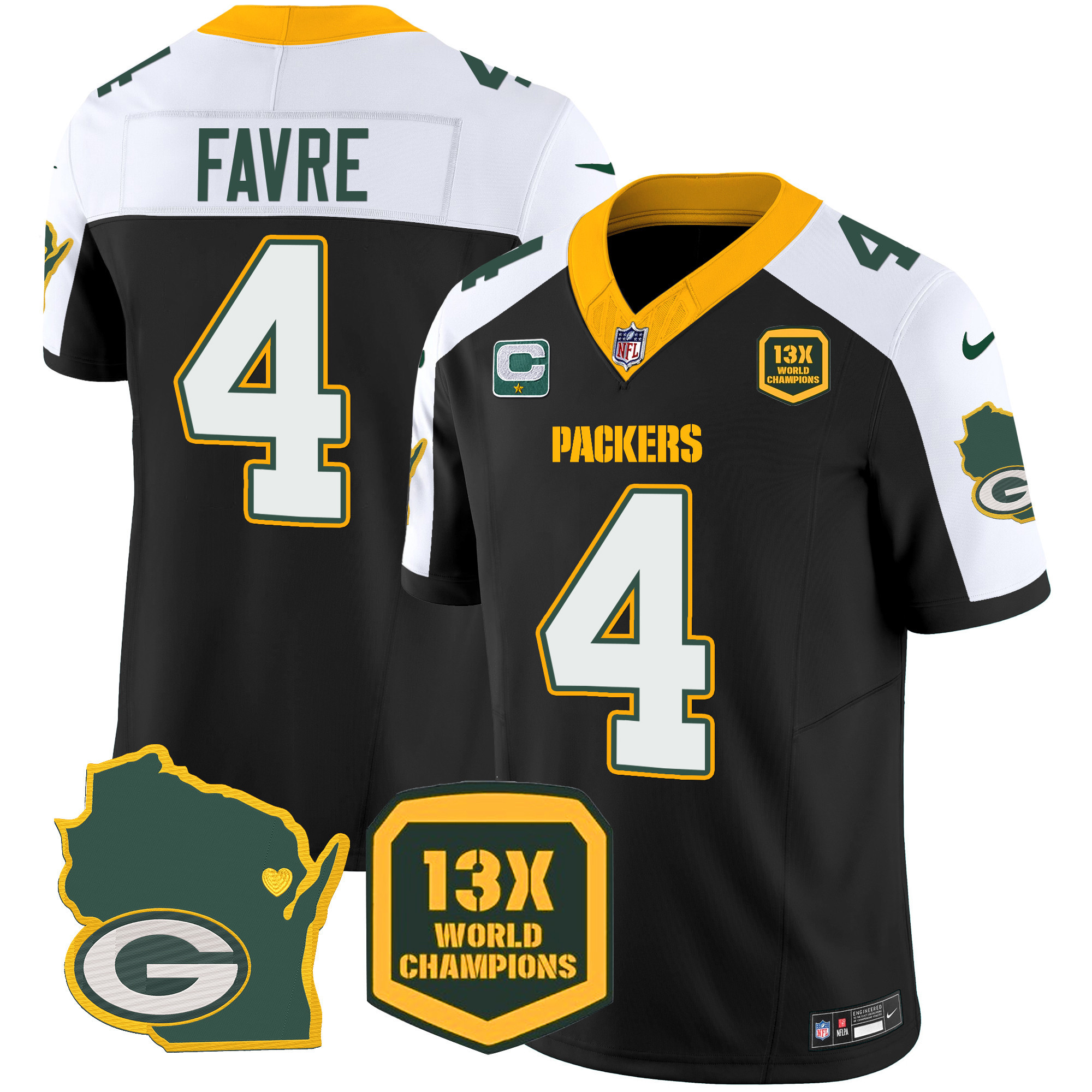 Brett Favre Men's Green Bay Packers 13 Time World Champions & Home Patch Vapor Black Alternate Jersey - All Stitched 