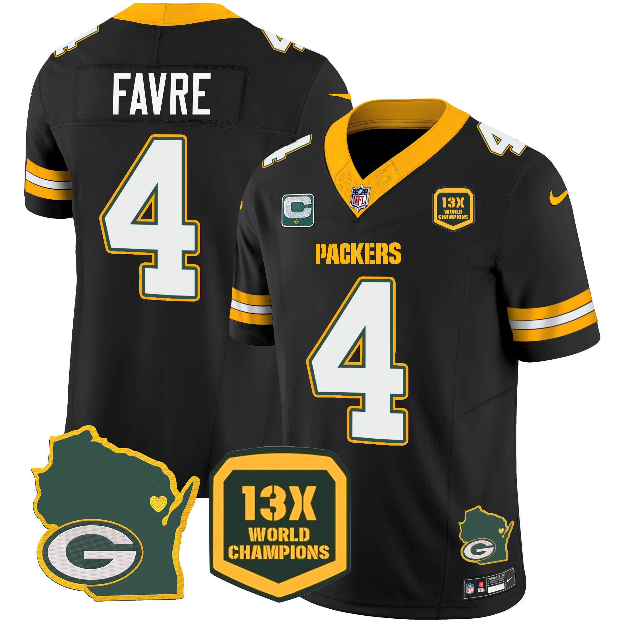 Brett Favre Men's Green Bay Packers 13 Time World Champions & Home Patch Vapor Black Jersey - All Stitched 