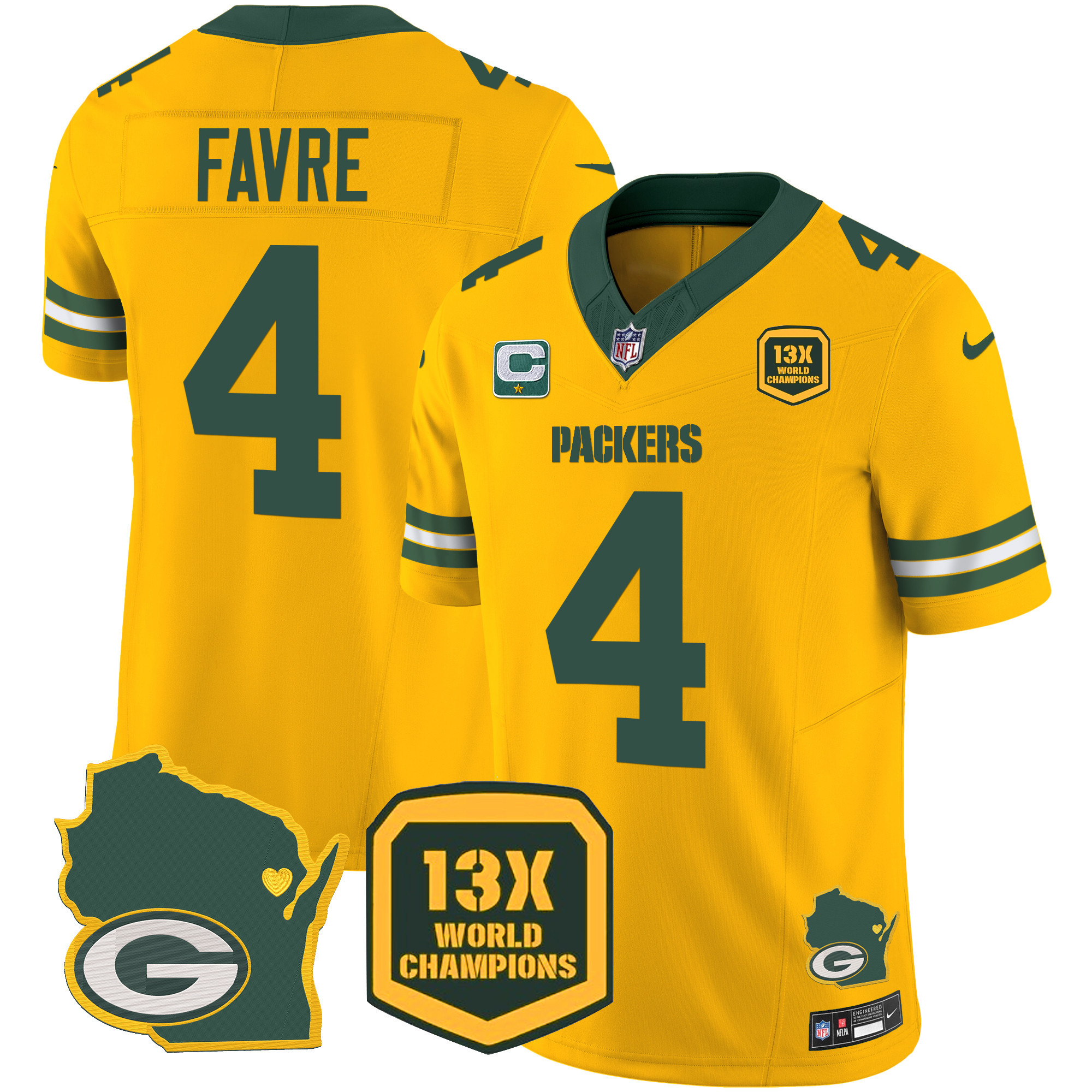 Brett Favre Men's Green Bay Packers 13 Time World Champions & Home Patch Vapor Gold Jersey - All Stitched 