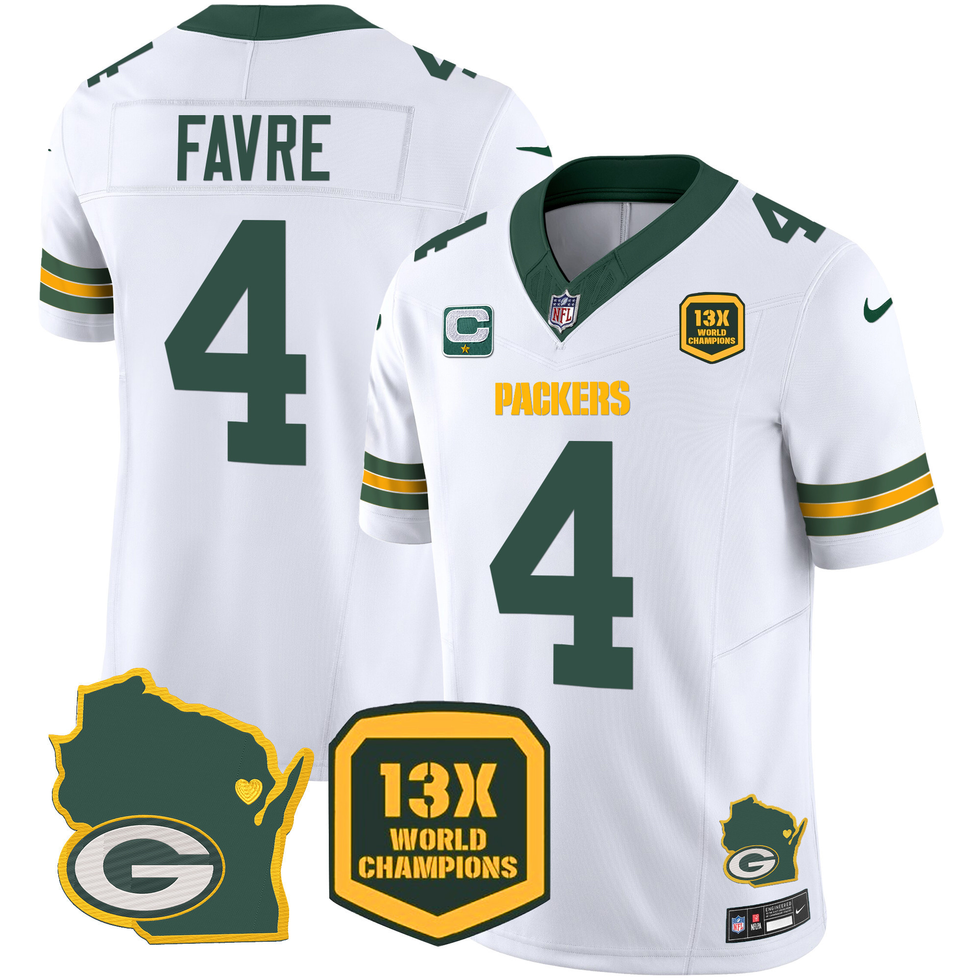 Brett Favre Men's Green Bay Packers 13 Time World Champions & Home Patch Vapor White Jersey - All Stitched 