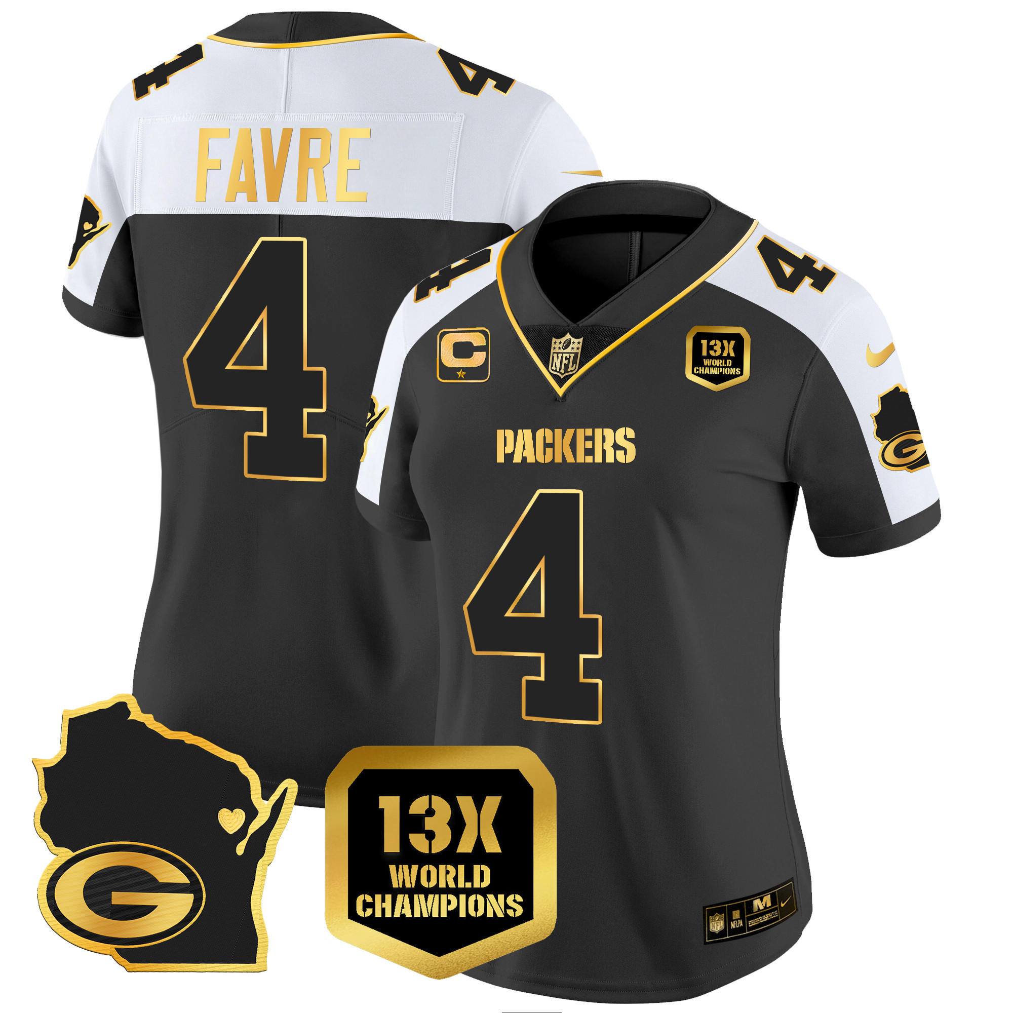 Brett Favre Women's Green Bay Packers 13 Time World Champions & Home Patch Gold Vapor Alternate Jersey - All Stitched 
