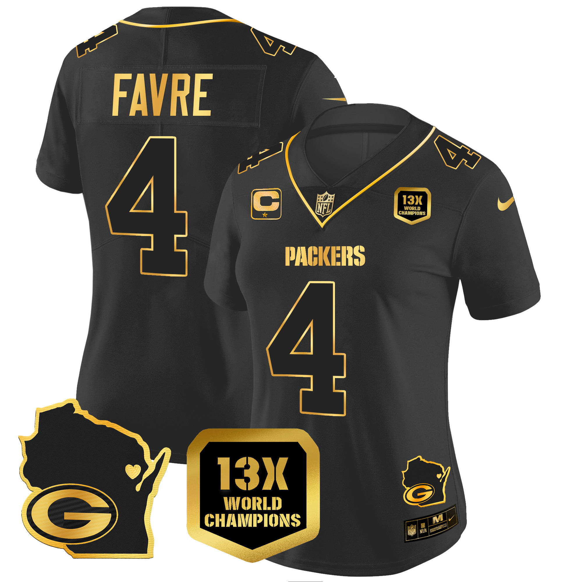 Brett Favre Women's Green Bay Packers 13 Time World Champions & Home Patch Gold Vapor Black Gold Jersey - All Stitched 