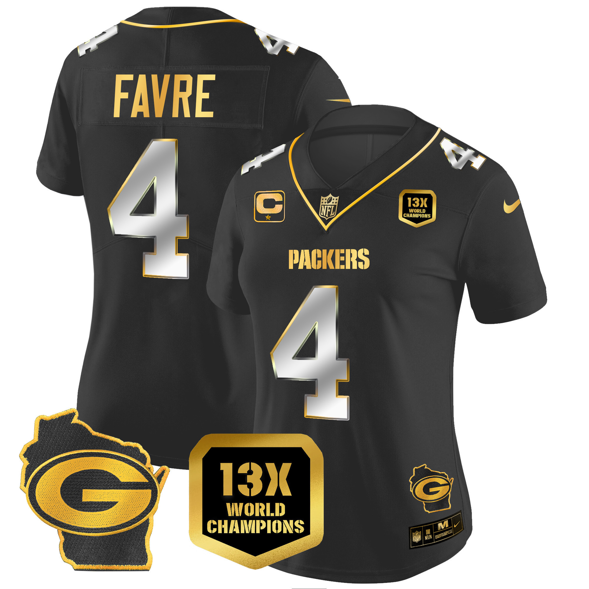 Brett Favre Women's Green Bay Packers 13 Time World Champions & Home Patch Gold Vapor Black Limited Jersey - All Stitched 