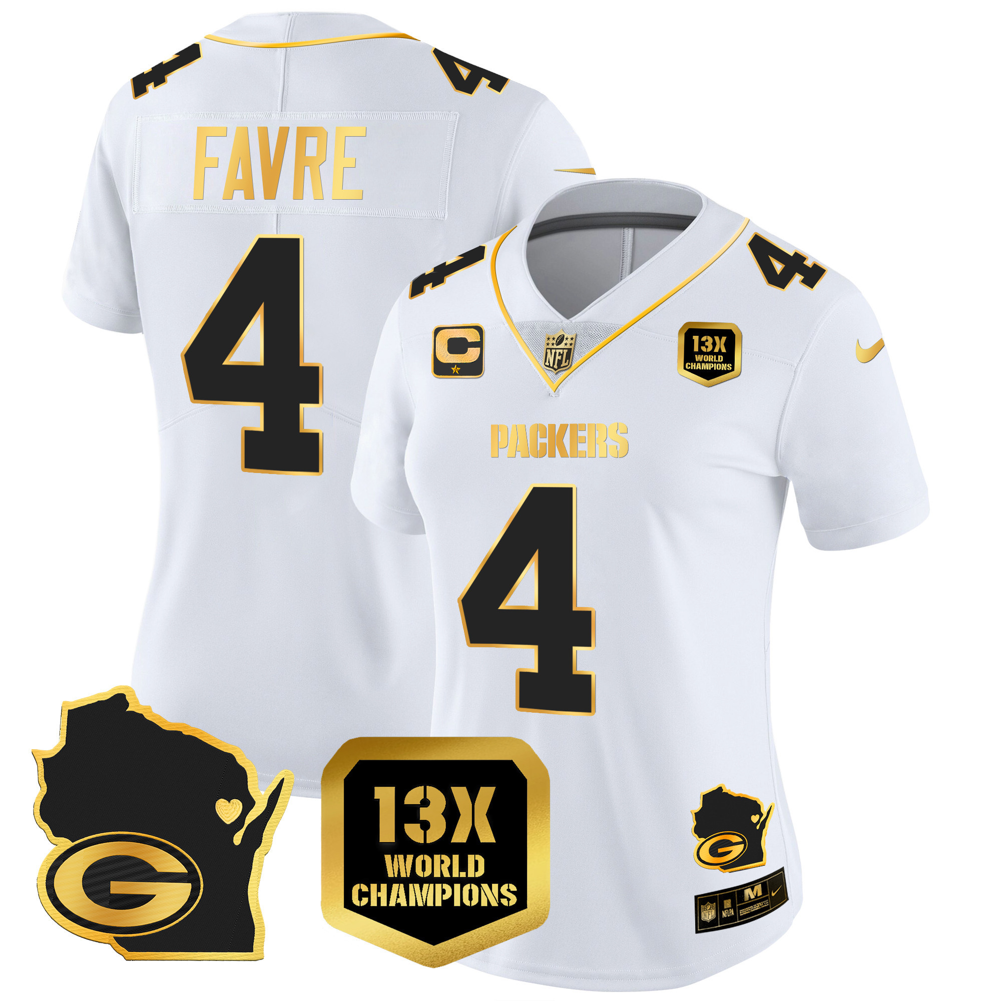 Brett Favre Women's Green Bay Packers 13 Time World Champions & Home Patch Gold Vapor White Gold Jersey - All Stitched 