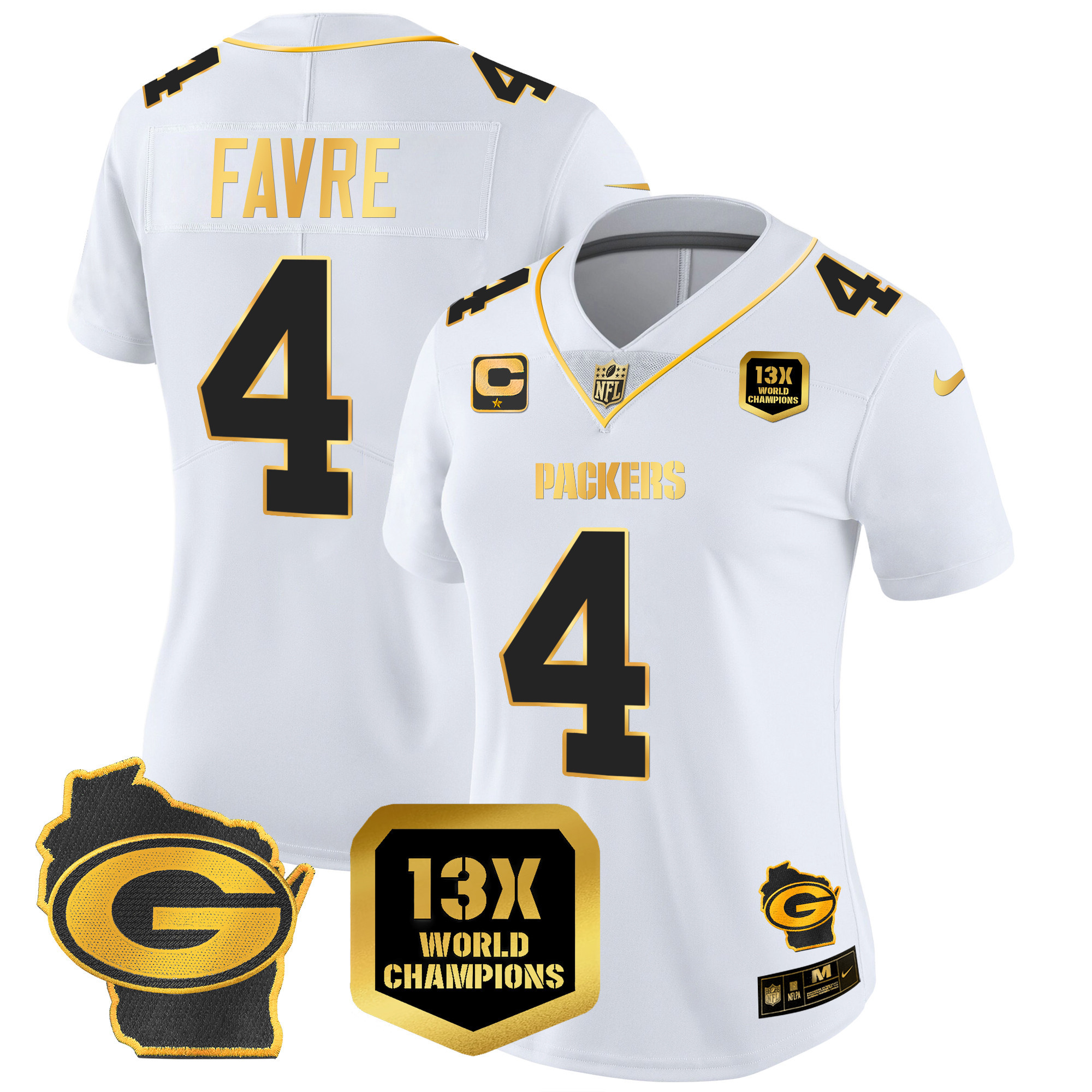 Brett Favre Women's Green Bay Packers 13 Time World Champions & Home Patch Gold Vapor White Gold Jersey - All Stitched 