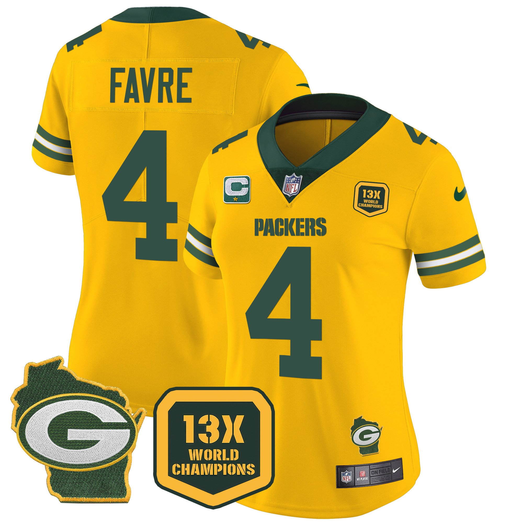 Brett Favre Women's Green Bay Packers 13 Time World Champions & Home Patch Vapor Gold Jersey - All Stitched 