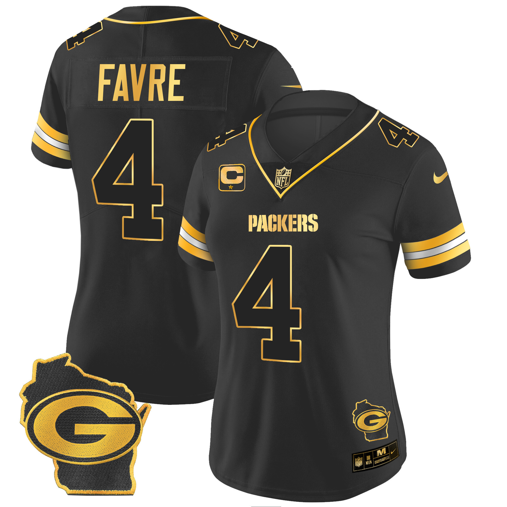 Brett Favre Women's Green Bay Packers Home Patch Gold Vapor Black Gold Jersey - All Stitched 