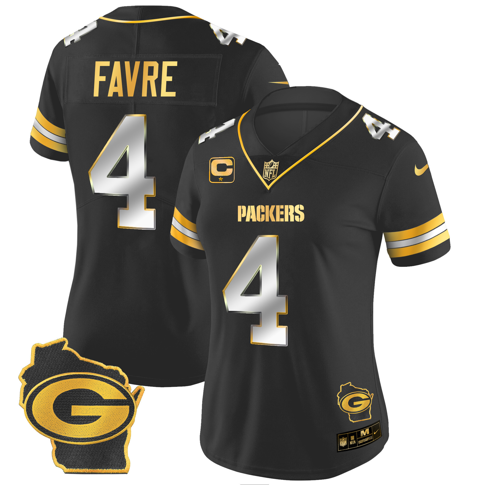 Brett Favre Women's Green Bay Packers Home Patch Gold Vapor Black Limited Jersey - All Stitched 