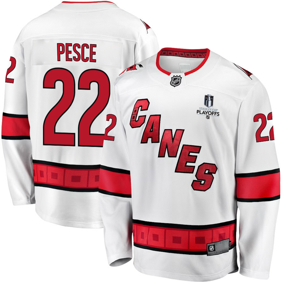 Brett Pesce 22 Carolina Hurricanes Stanley Cup 2023 Playoffs Patch Away Breakaway Men Stitched Jersey – White