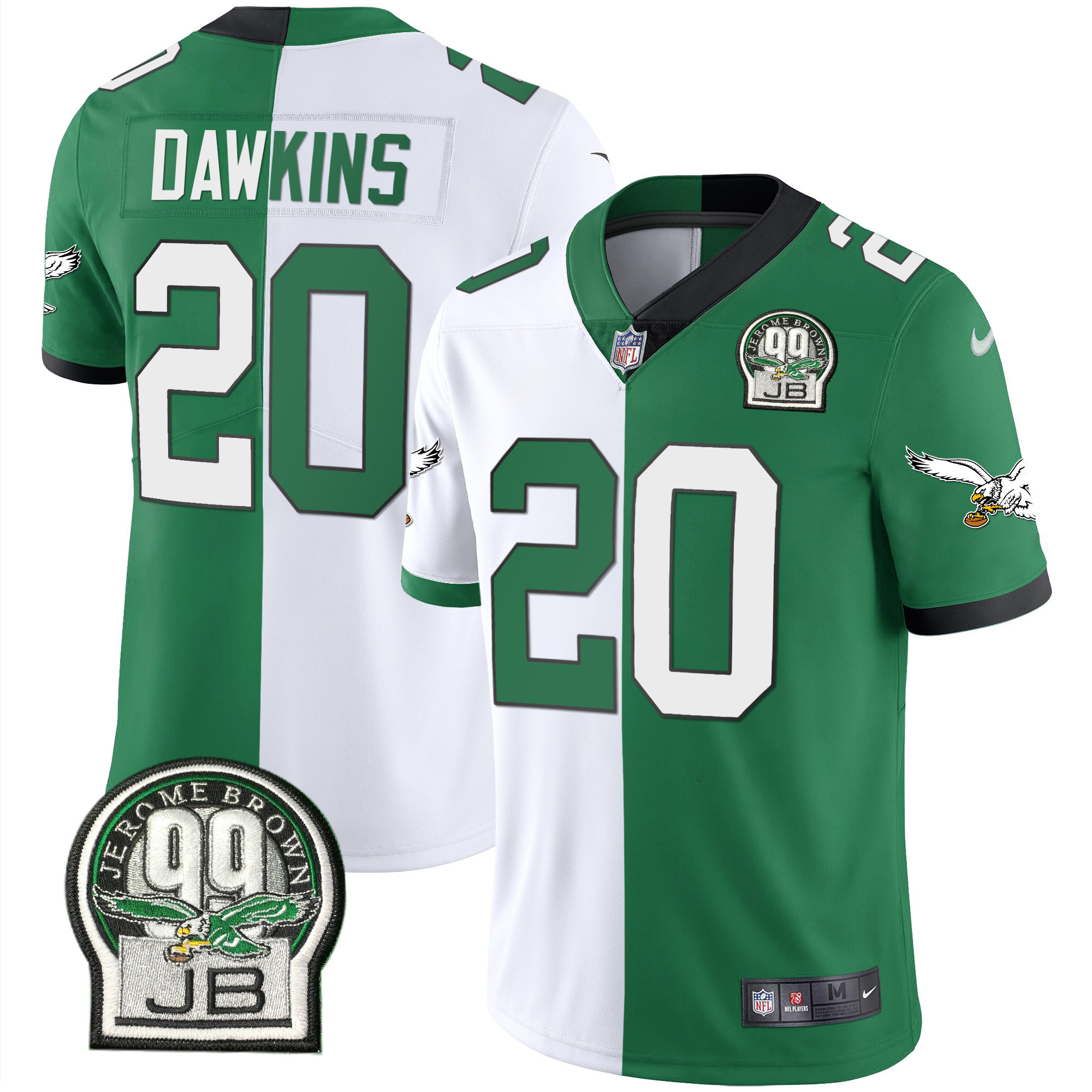 Brian Dawkins Men's Philadelphia Eagles Jerome Brown Retired Patch Gold & Kelly Split Jersey - All Stitched