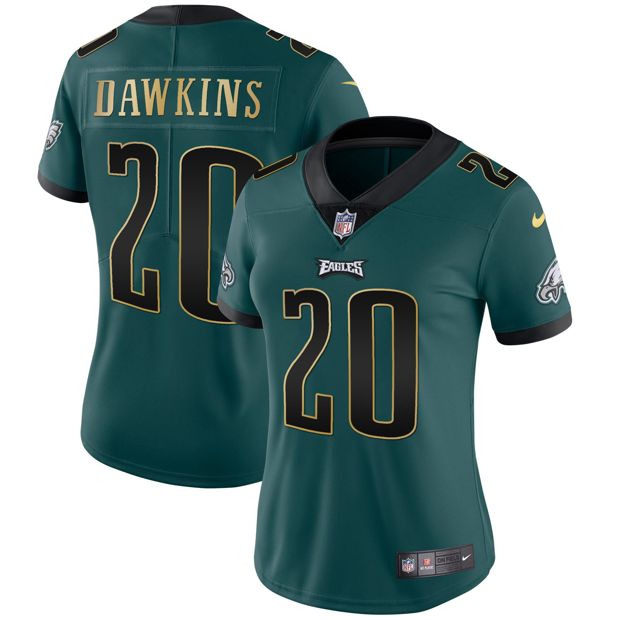 Brian Dawkins Women's Philadelphia Eagles Gold Trim Vapor Player Green Gold Trim Jersey - All Stitched