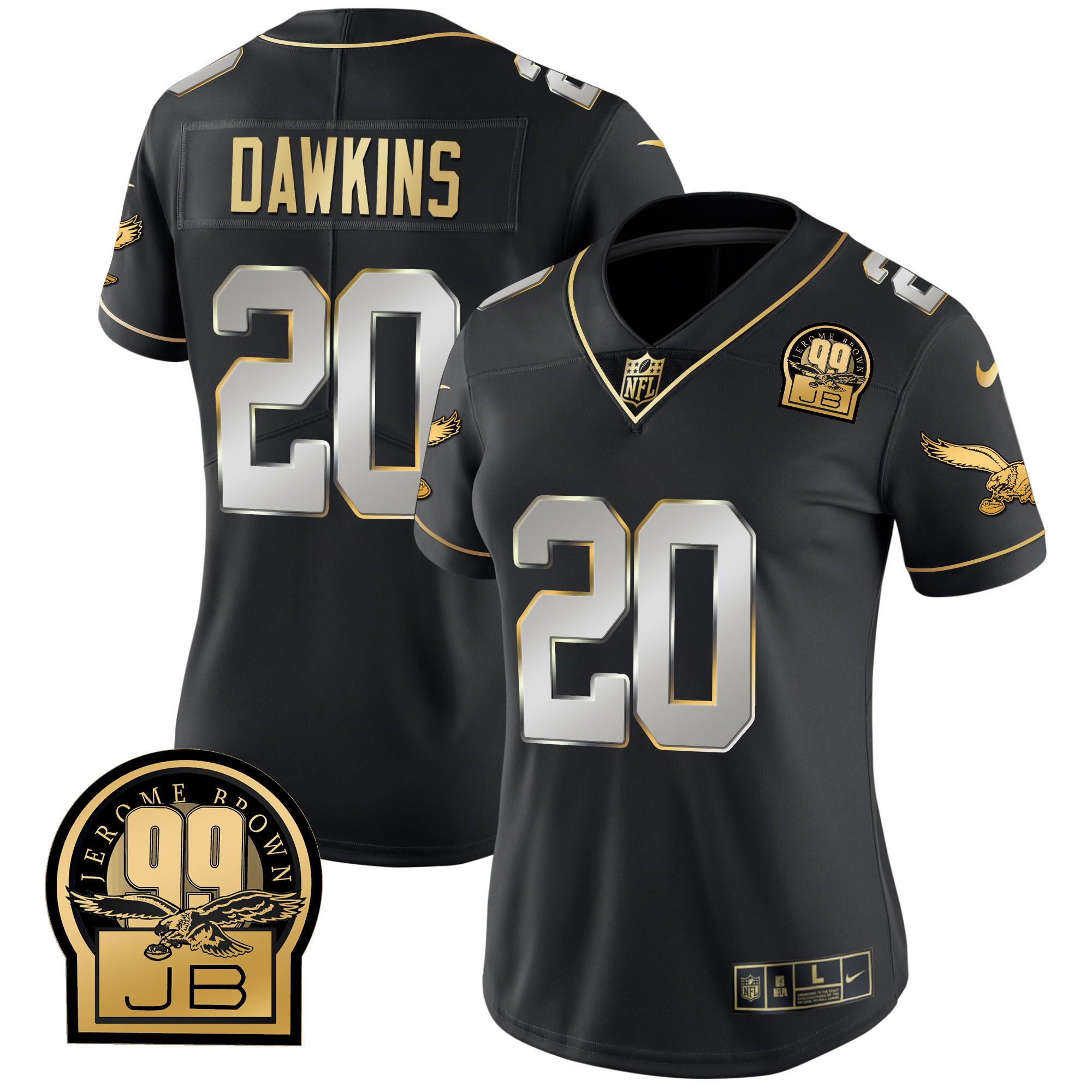 Brian Dawkins Women's Philadelphia Eagles Jerome Brown Retired Patch Gold & Kelly Black Limited Jersey - All Stitched